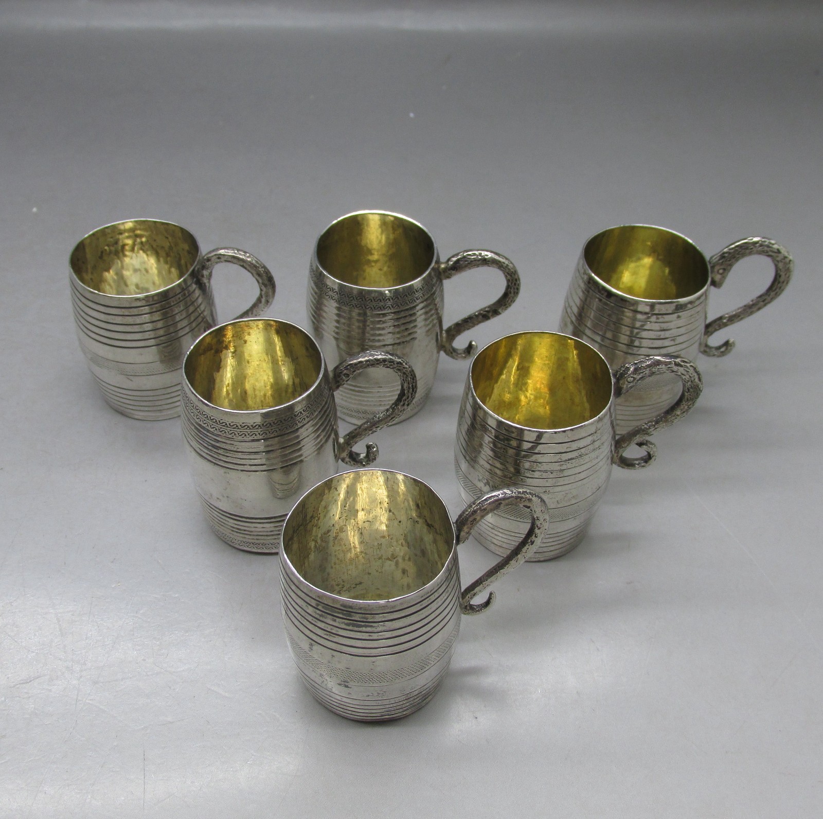ANTIQUE RARE SET 6 SOLID SILVER TOT CUPS-KINGDOM OF TWO SICILIES 4CM 130g c1840