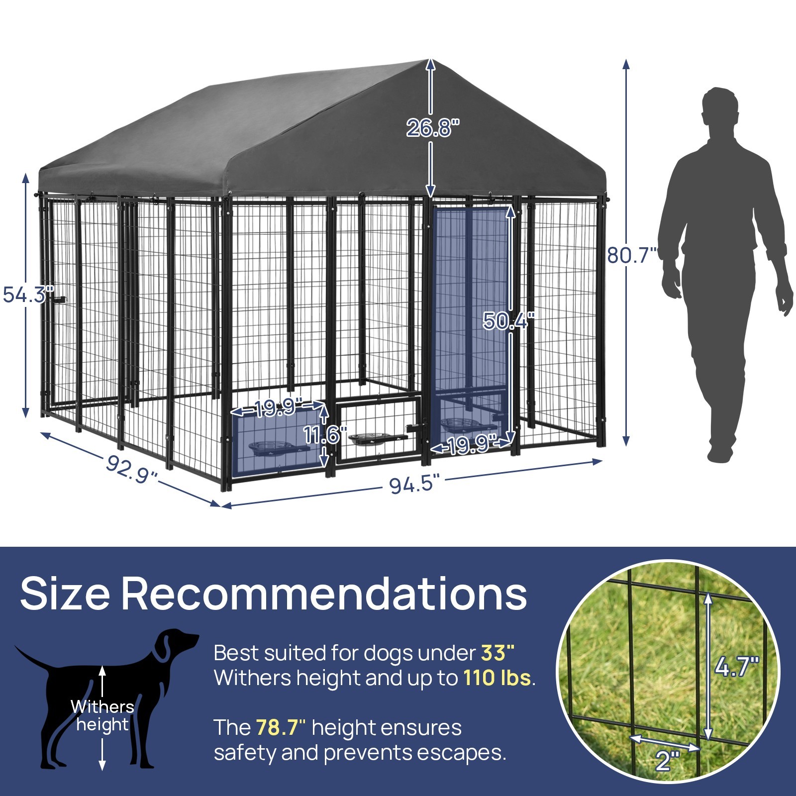 Large Outdoor Dog Cage Fence Dog Playpen Puppy Run with Roof, Double Entry Doors