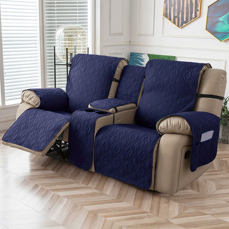100% waterproof recliner cover double with center console, strap design