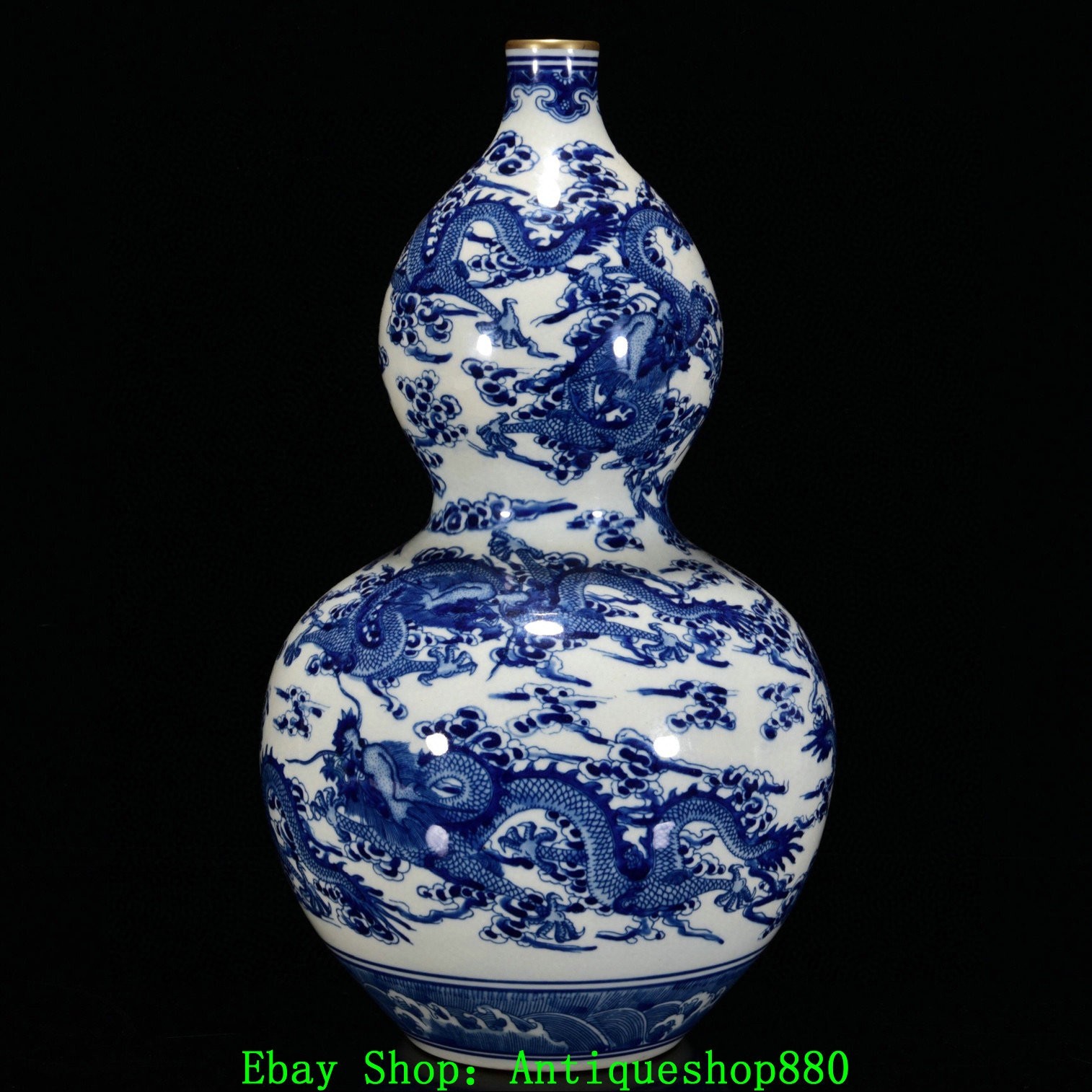 16.5''Yongzheng Blue White Porcelain Gold Dragon Beast Gourd Bottle Vase Pair