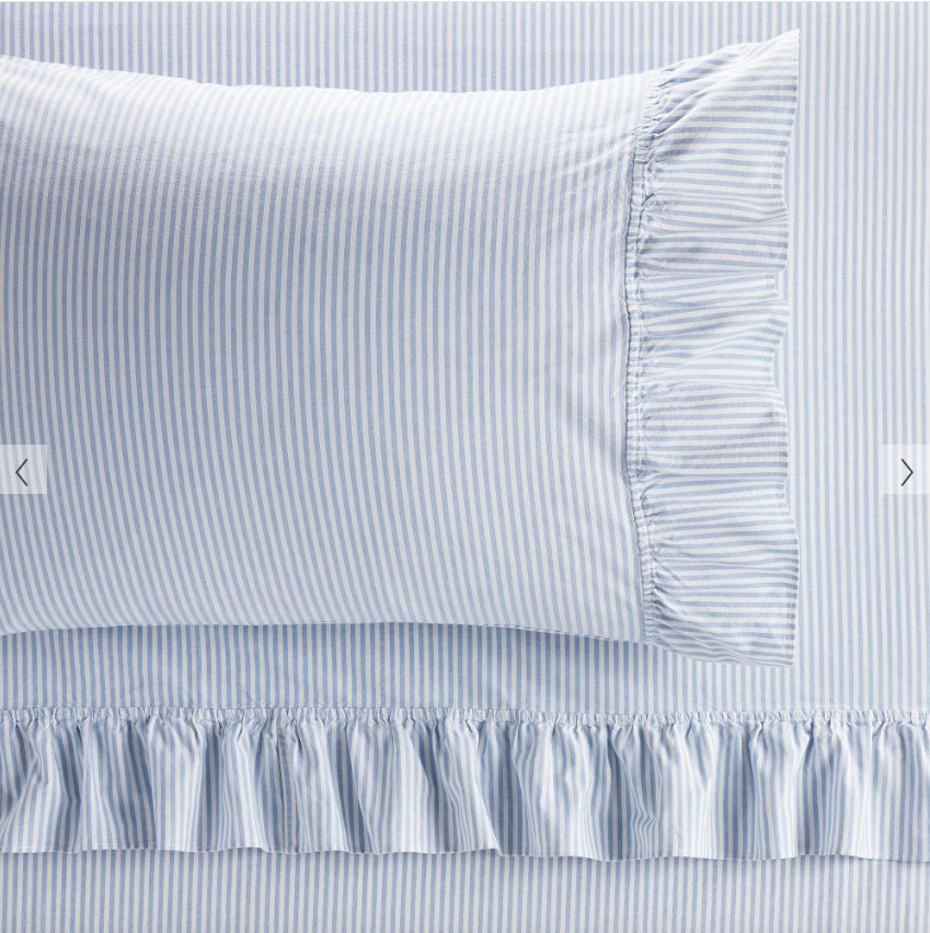 Pottery Barn Teen WASHED COTTON RUFFLE STRIPE QUEEN SHEET SET CHAMBRAY BLUE NEW