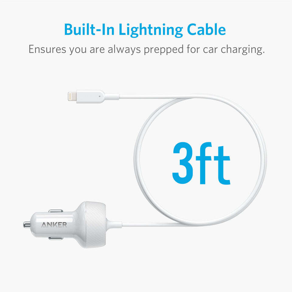 Anker 24W 2-Ports Car Charger Adapter Bulit-in 3ft Lightning Cable MFi-Certified