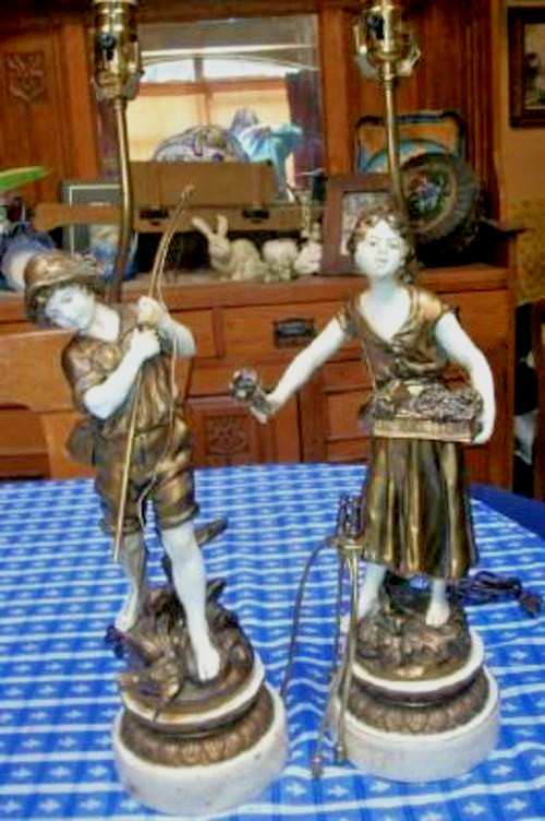 Vintage French Figural Lamps Moreau Fisherman Lady Flower Basket Bronzed Metal