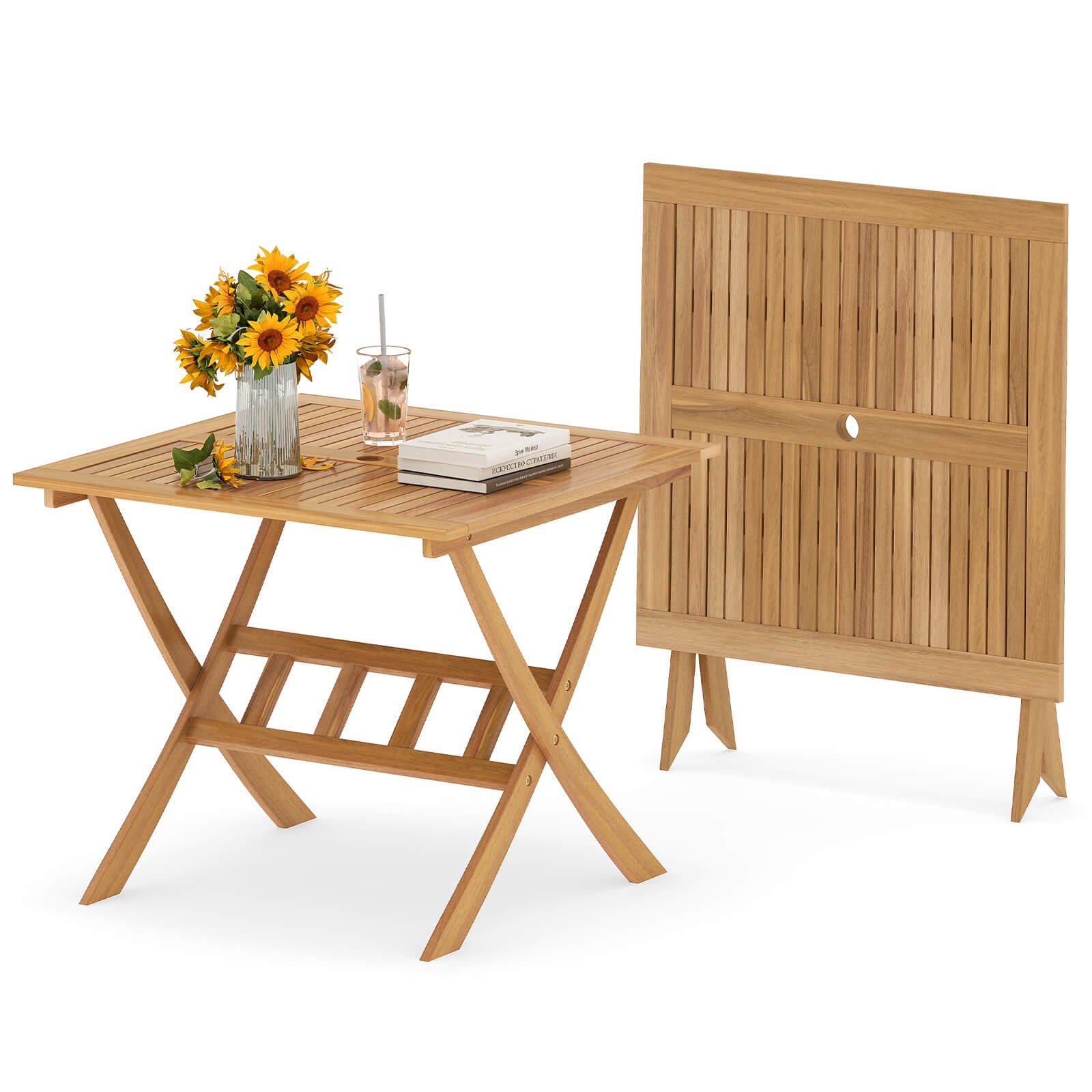 Acacia Wood Folding Table 36” Patio Dining Table with Slatted Tabletop