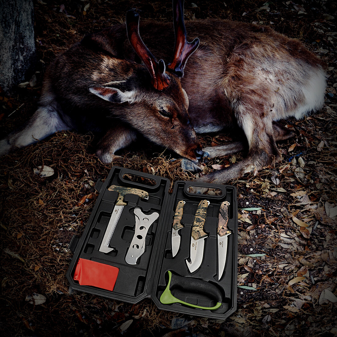 Outdoor Hunting Field Dressing Kit Caping Knife Wood & Bone Saw Gut Hook Skinner