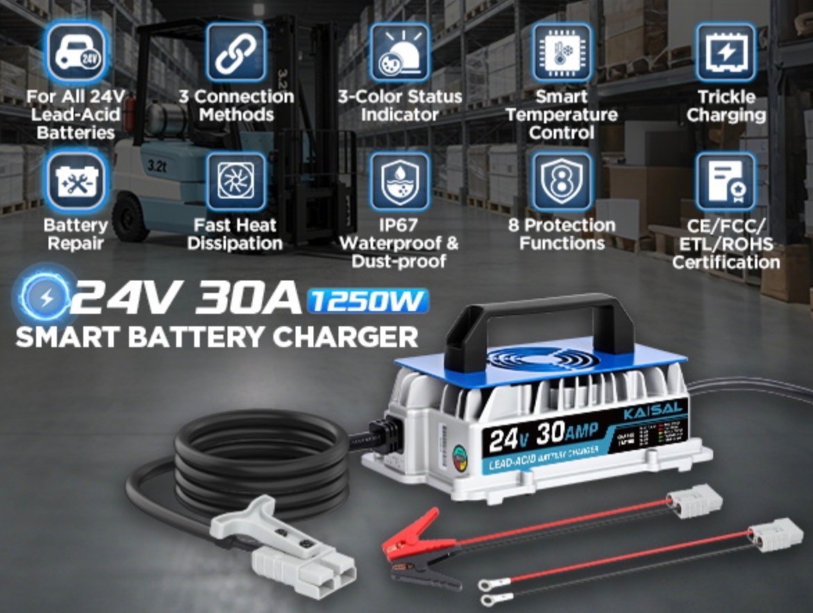 24V 30A Scissor Lift Lawn Mower 1250W Forklift Battery Charger IP67 Waterproof