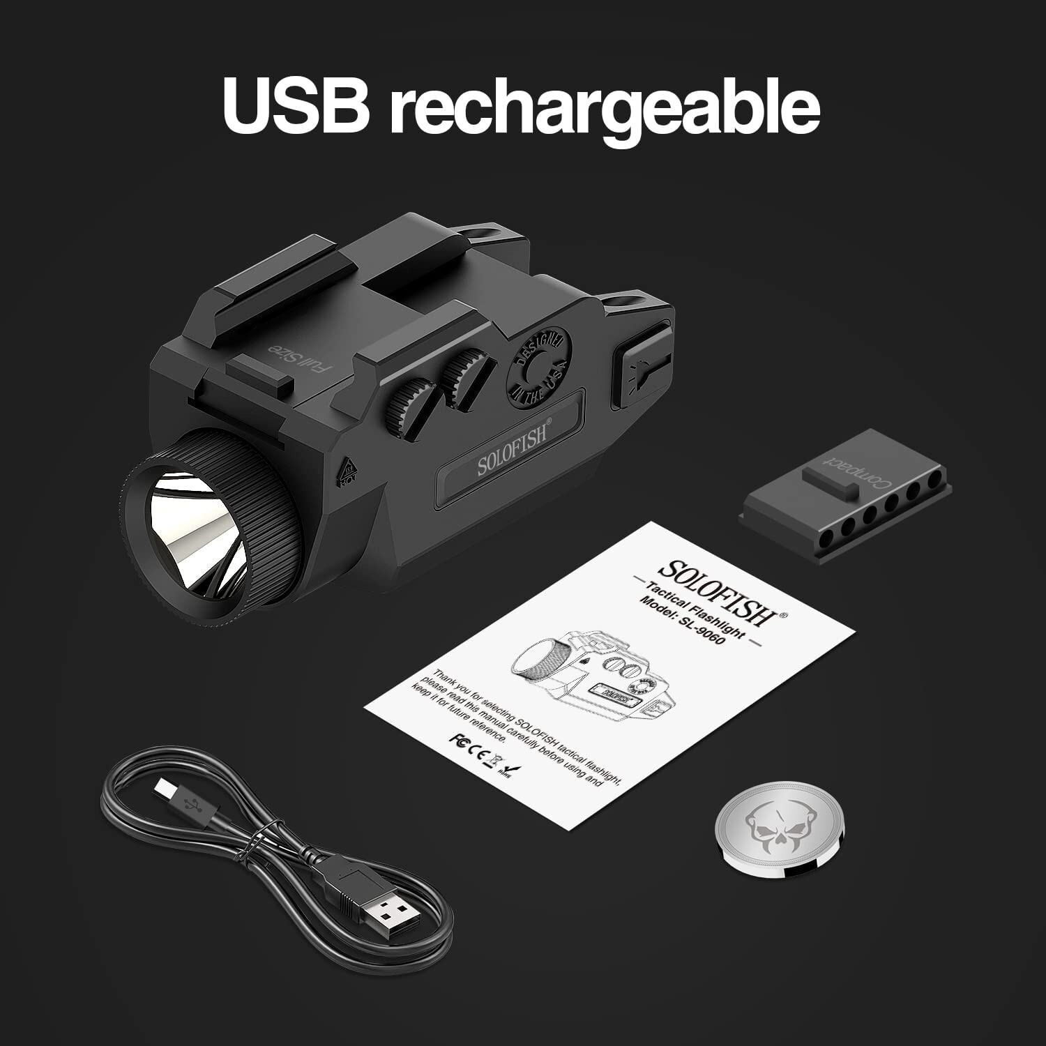 SOLOFISH 650 Lumen Rechargeable Tactical Flashlight for Pistol Handgun Picatinny