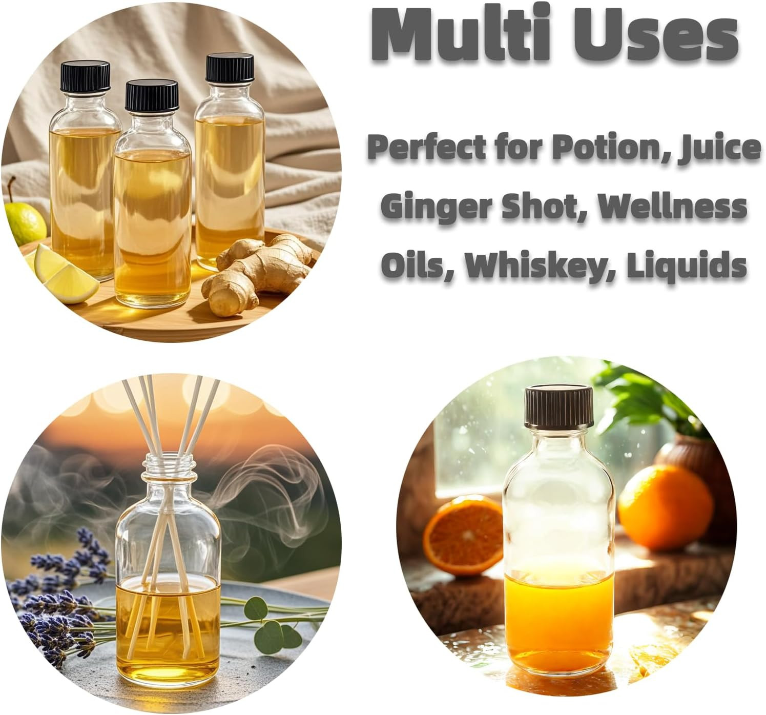 6 Pack 2Oz Shot Bottles with Caps, Leak-Proof 60Ml Small Clear Glass Bottles wit