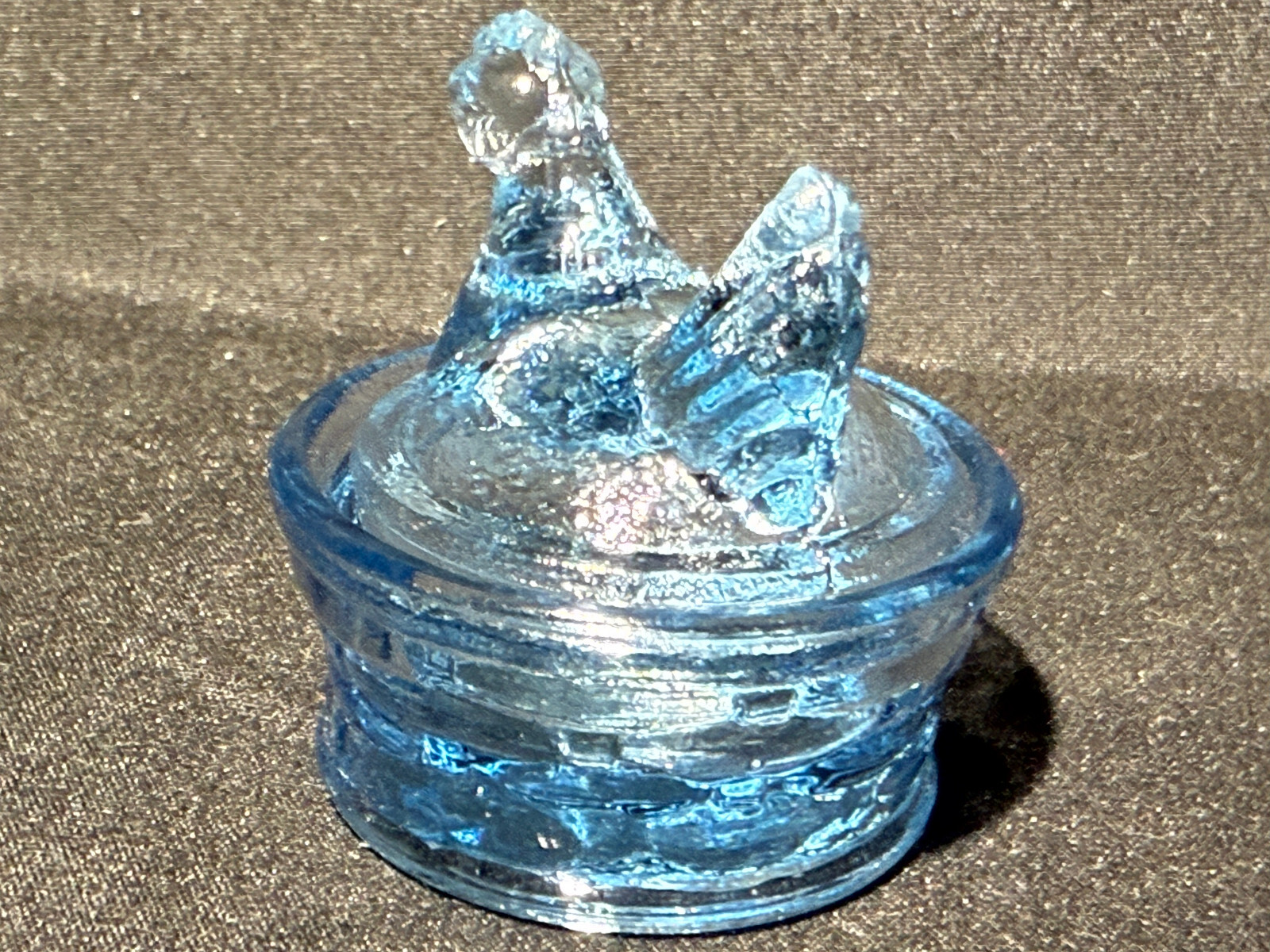 Blue Vaseline uranium glass Hen Chicken on nest basket eggs / salt cellar orange