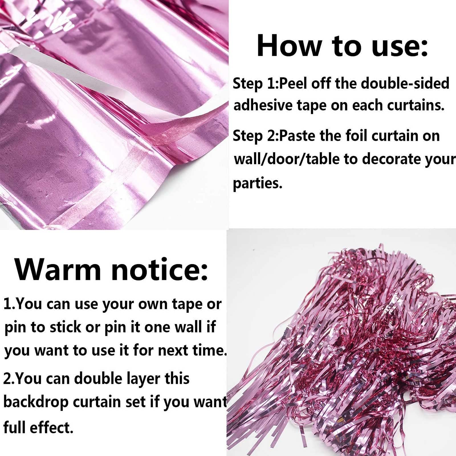 4 Pack Pink Foil Fringe Curtain Backdrop 3.28x8.2 Ft Metallic Tinsel Streamer