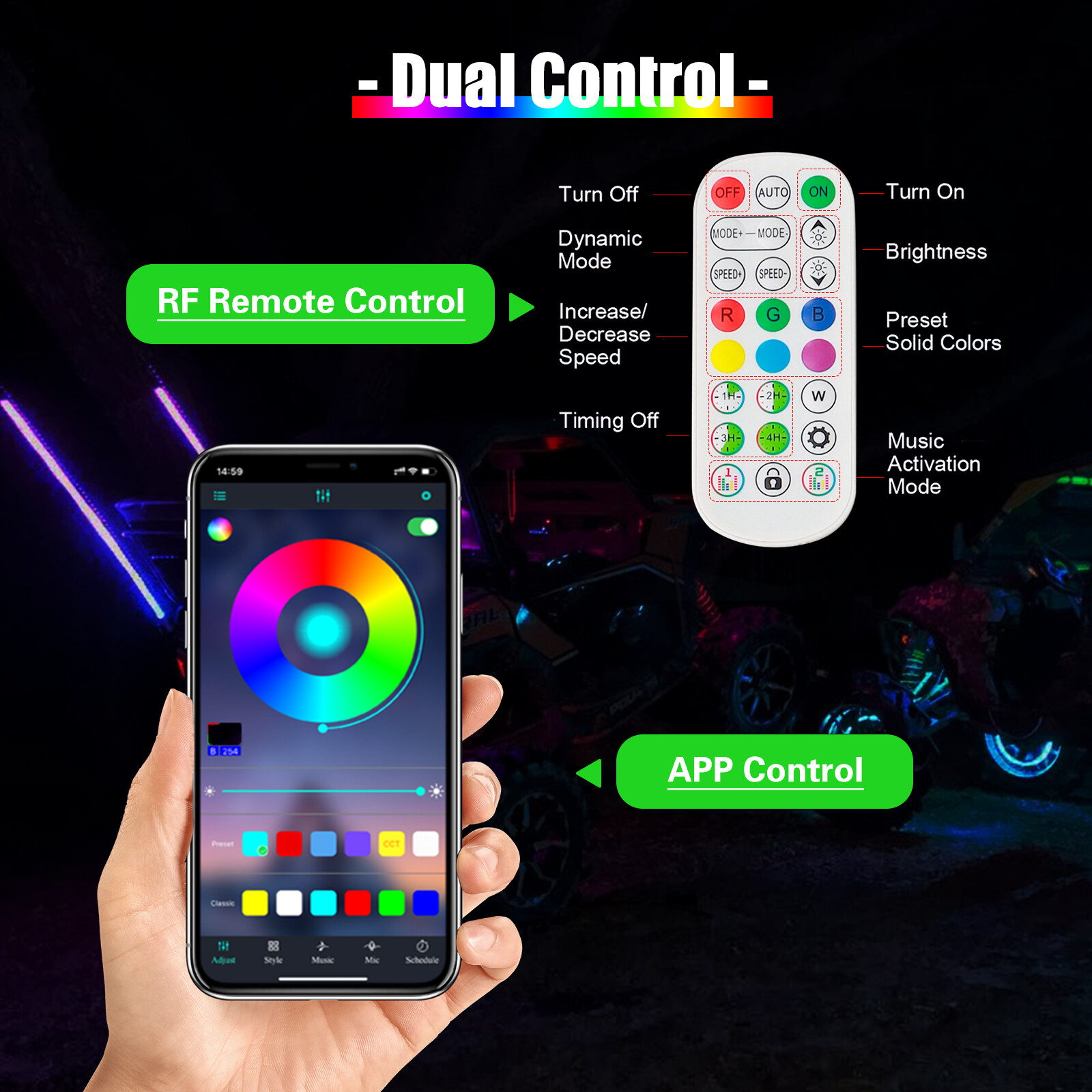 Pair 4ft RGB Spiral LED Whip Lights Antenna Chase + US Flag & Remote for ATV UTV