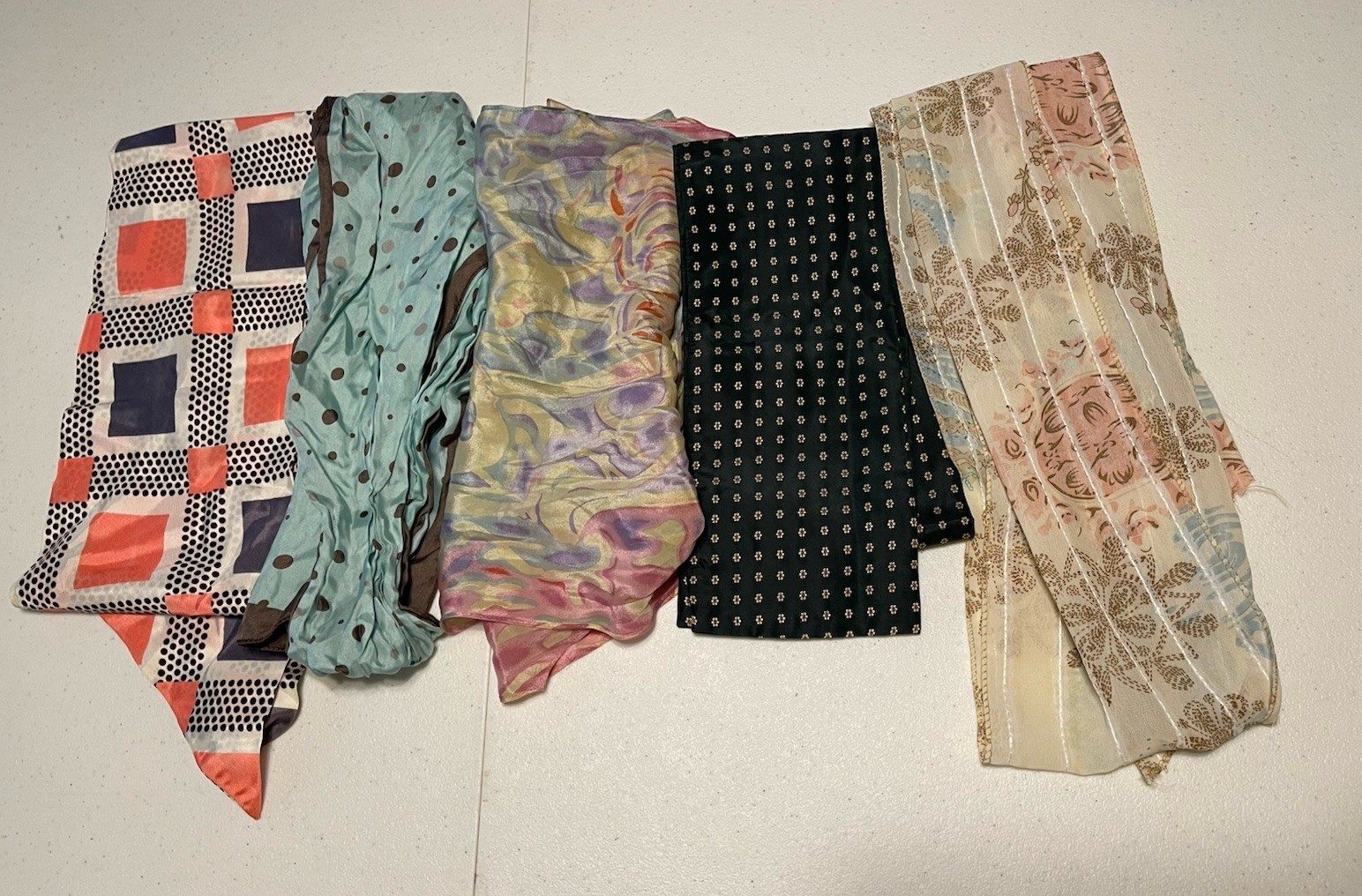 Vintage Rectangular Scarf Lot Of 5 Silk Polyester Neckerchiefs Multicolors