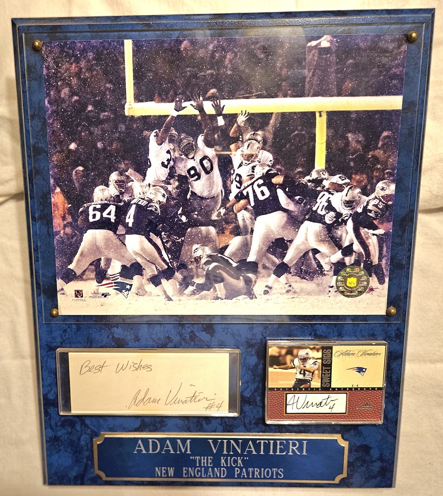 NEW ENGLAND PATRIOTS ADAM VINATIERI PLAQUE (2) AUTOGRAPHS "ONE OF ONE"