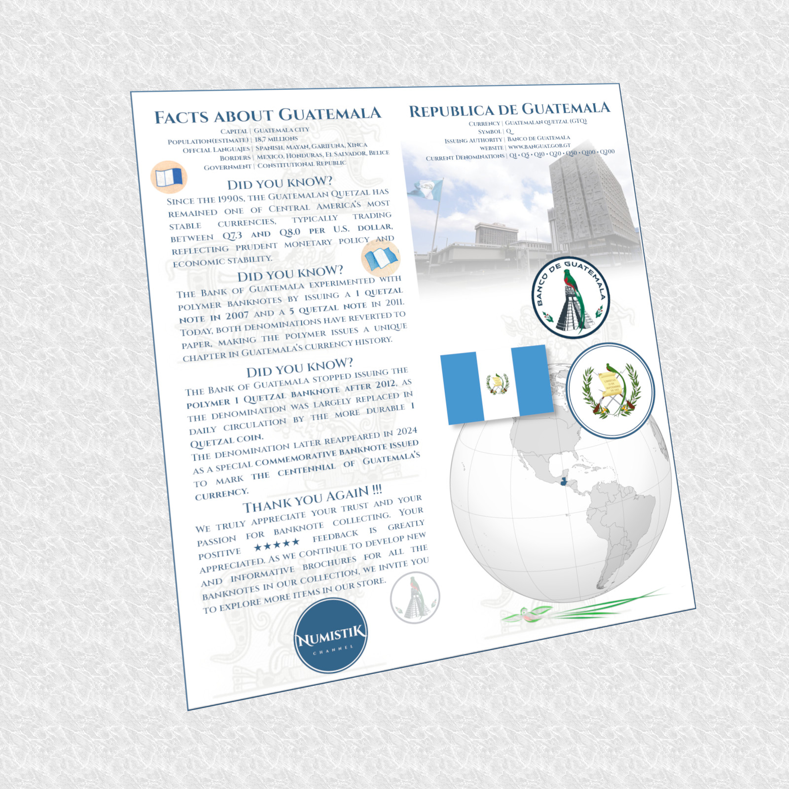 Guatemala 1 Quetzal -Commemorative- & 5 Quetzals 2019 UNC Banknote Set