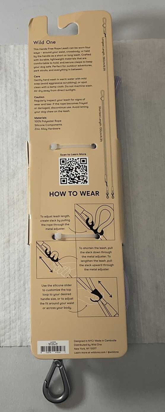 Wild One Adjustable Hands-Free Standard Rope Leash - Lilac - Brand New