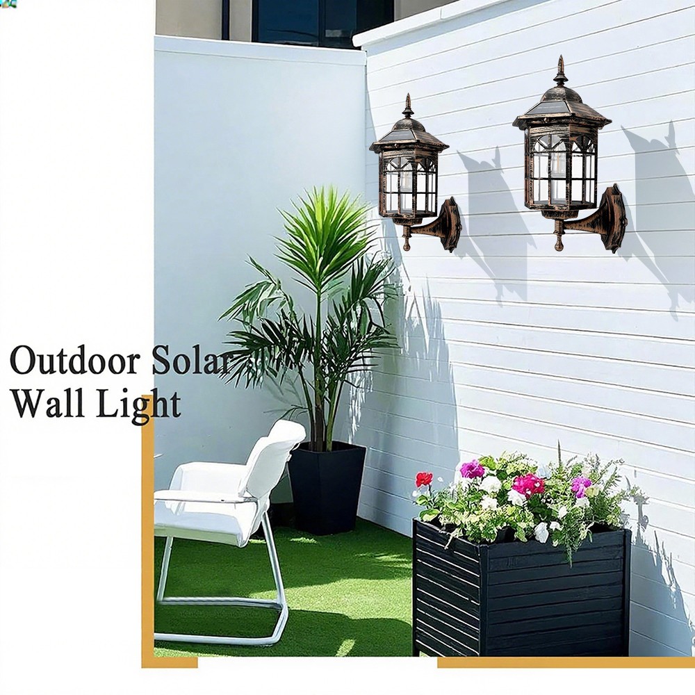 2PCS Solar Wall Lantern Light Dusk To Dawn LED Sconce Lamp Porch Outdoor Lamp