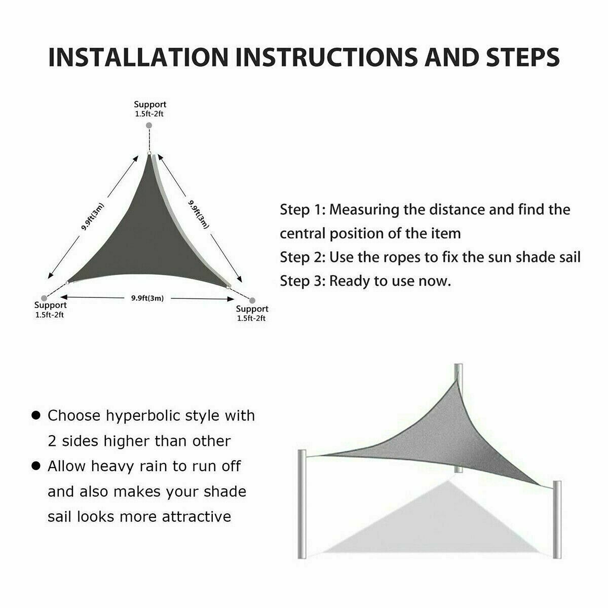 10x10x10 FT Sun Shade Sail Triangle UV Block Durable Awning Canopy Waterproof