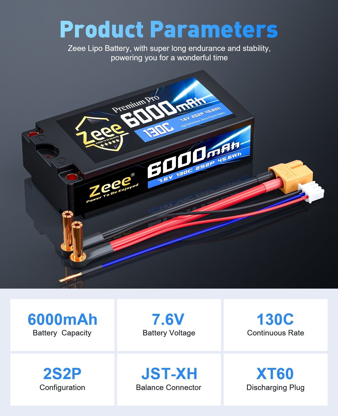 2xZeee 2S Shorty Lipo Battery 6000mAh 5mm Bullet to XT60 Plug 7.6V 130C HardCase