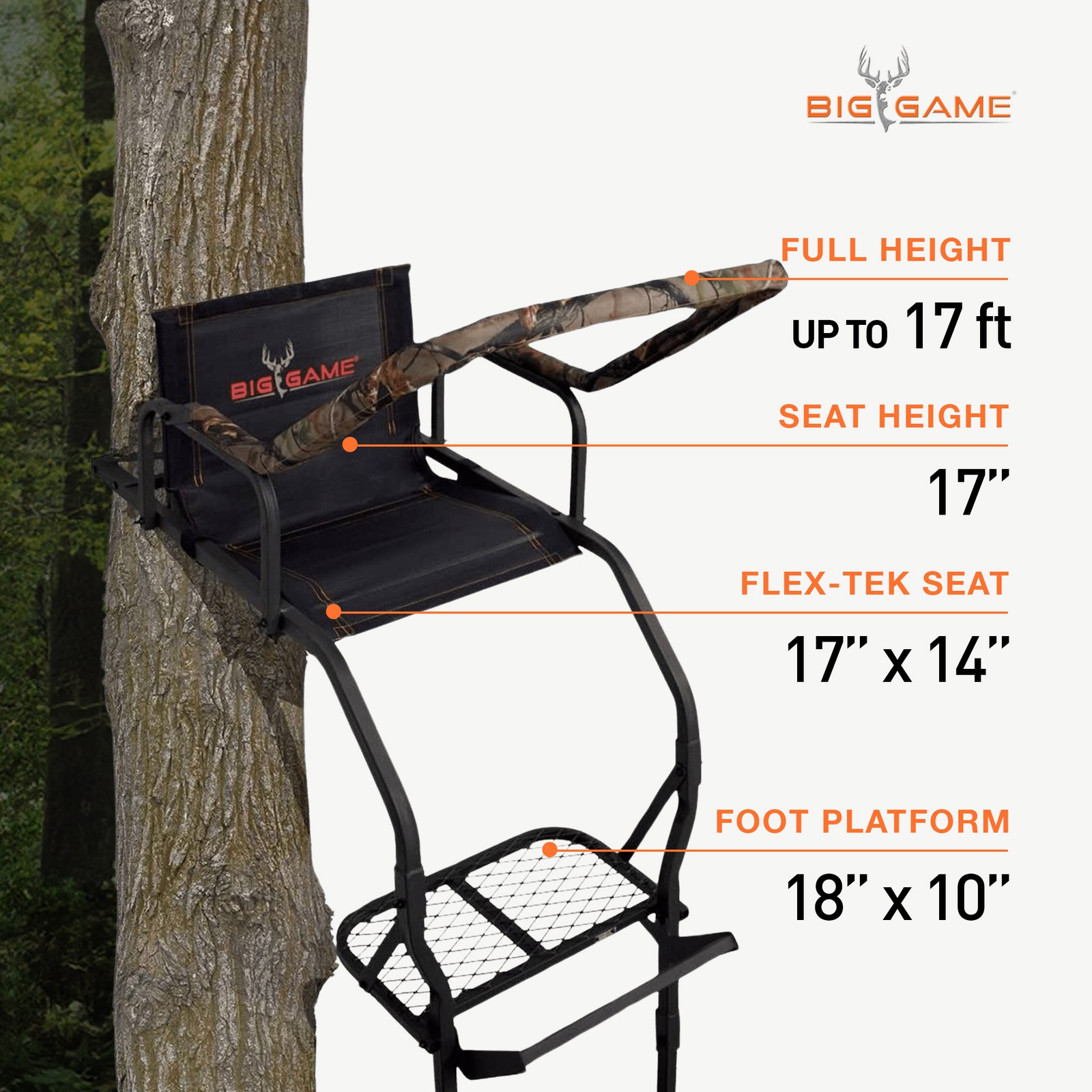 Big Game Warrior DXT 17' Deer Hunting Ladder Climbing Tree Stand w/Flex-Tek Seat