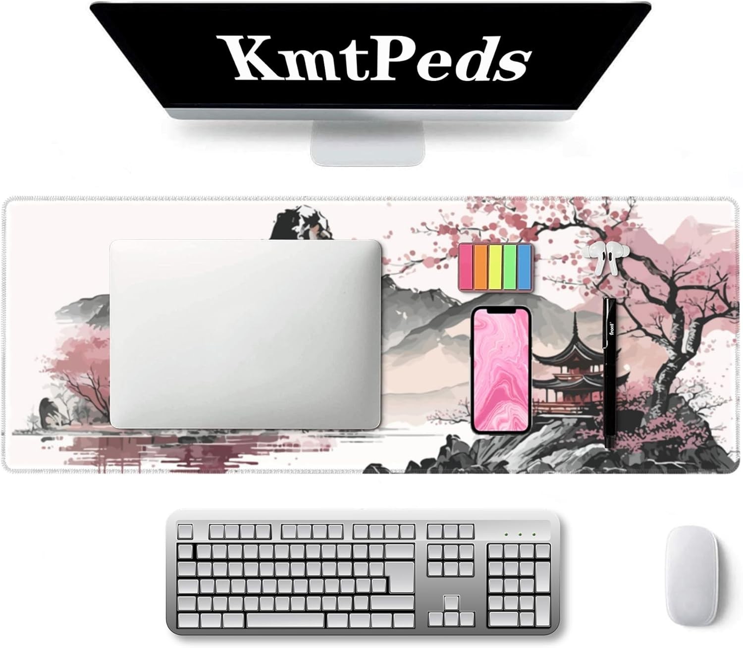 Watercolor Cherry Blossom Gaming Mouse Pad Large 31.5x11.8 Inch Non-Slip Rubber