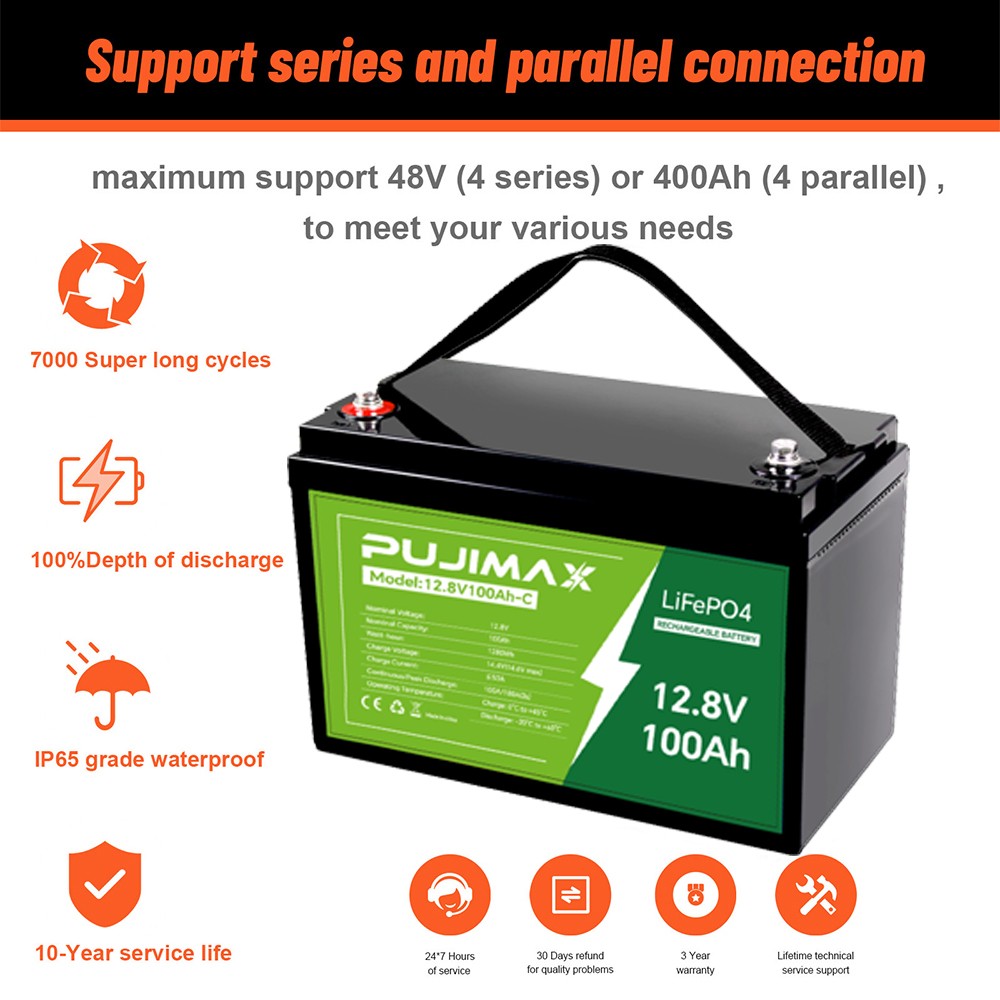 12V 100Ah LiFePO4 Lithium Battery Cycle Deep Built-in BMS for Solar RV Off-grid
