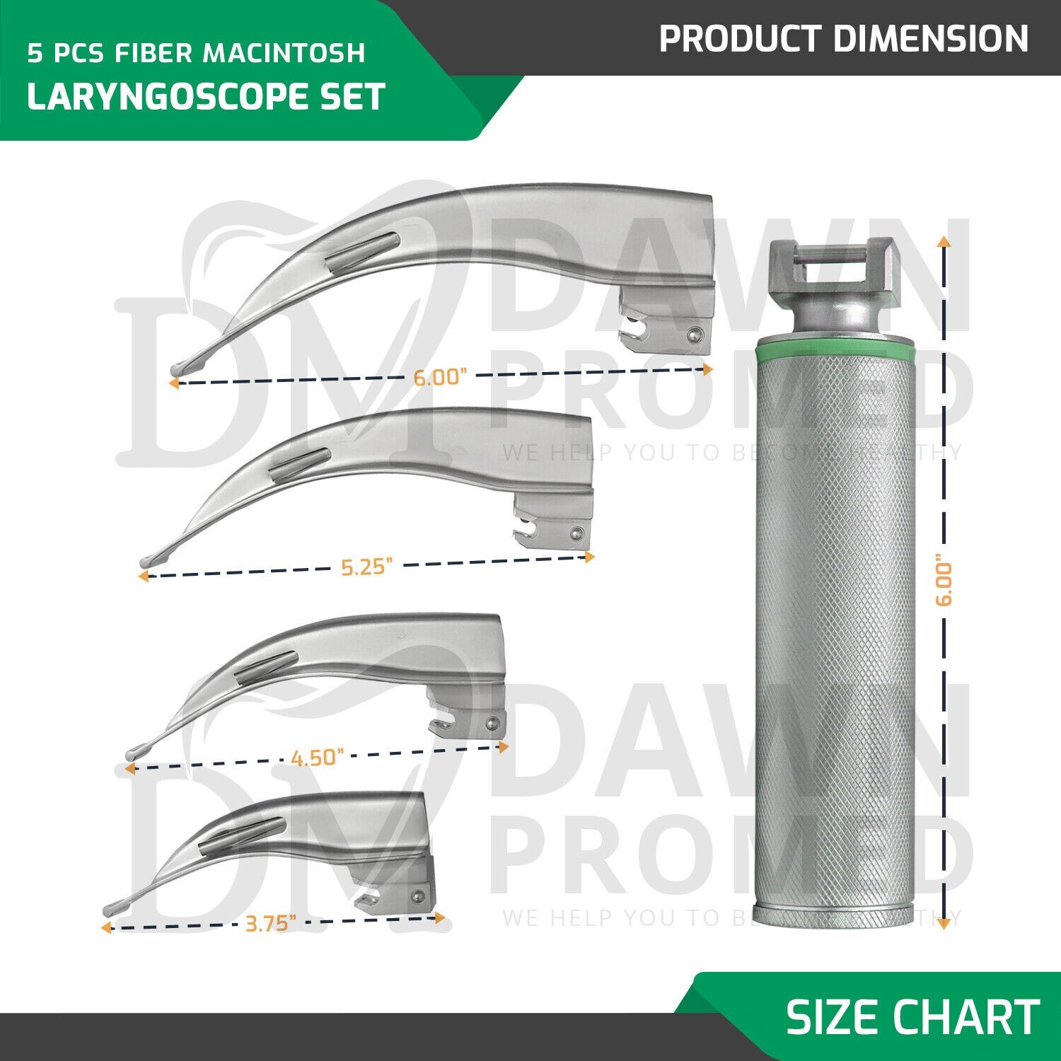 5 Pcs Macintosh Laryngoscope 4 Fiber Optic Blade & 1 Handle W/FREE Case German G