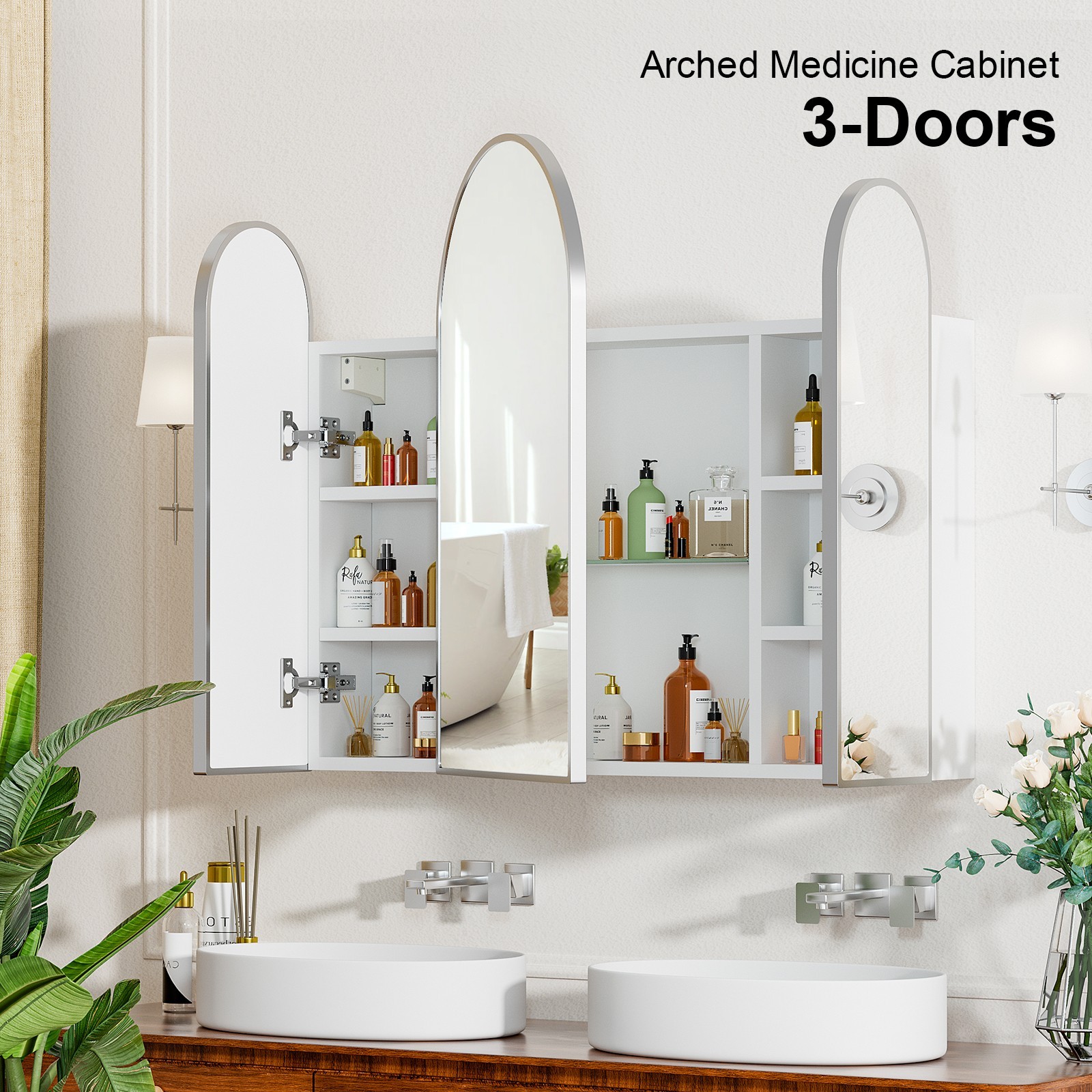 Triple Arch Medicine Cabinet 3 Doors Bathroom Mirror Cabinet with Trifold Mirror