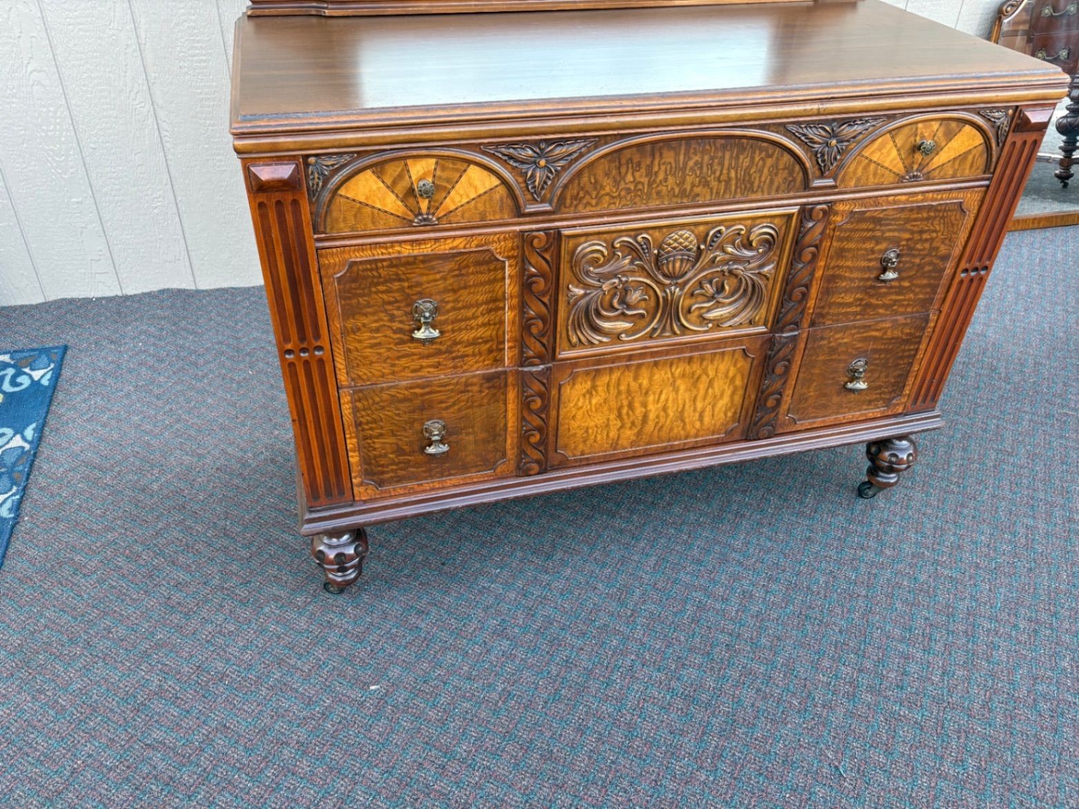 67477 Exquisite Walnut Dresser with Mirror, Art Deco Style, 1930s