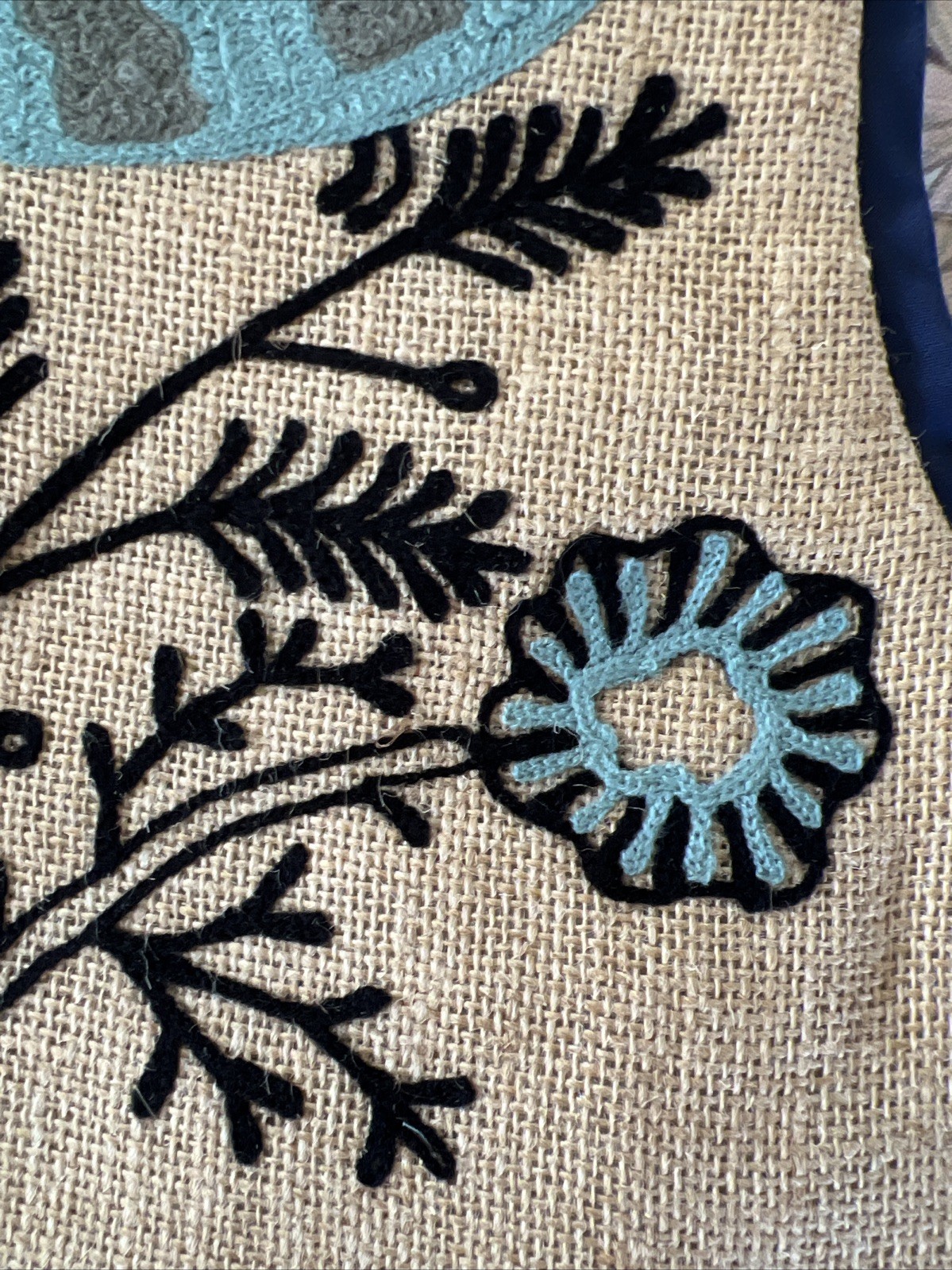 ARCADIA HOME CHRISTMAS STOCKING 100% JUTE EMBROIDERED BLUE BIRD AND FLOWERS