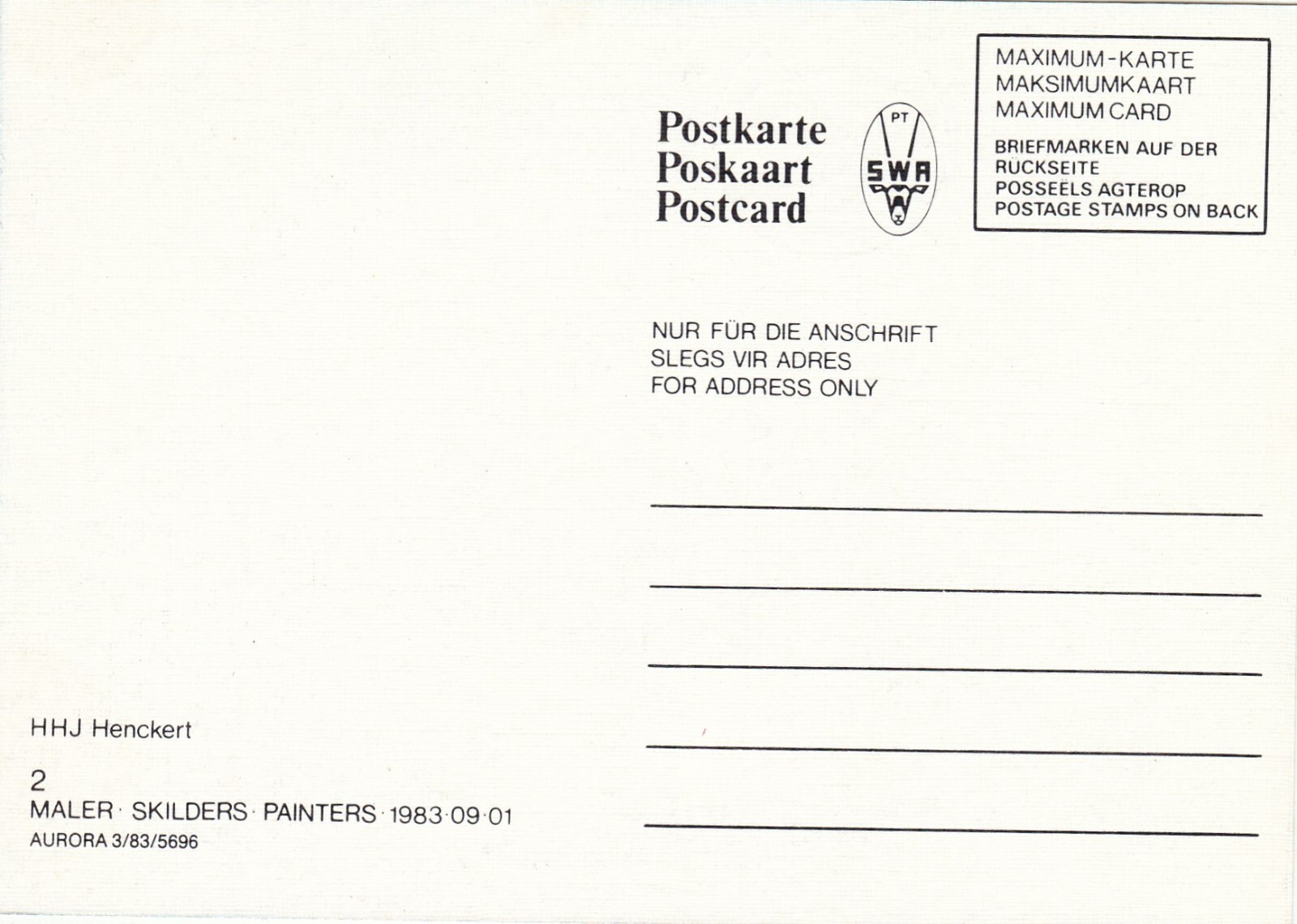 South West Africa 1983 PaintersHHJ Henckert Maximum Card special cancel VGC