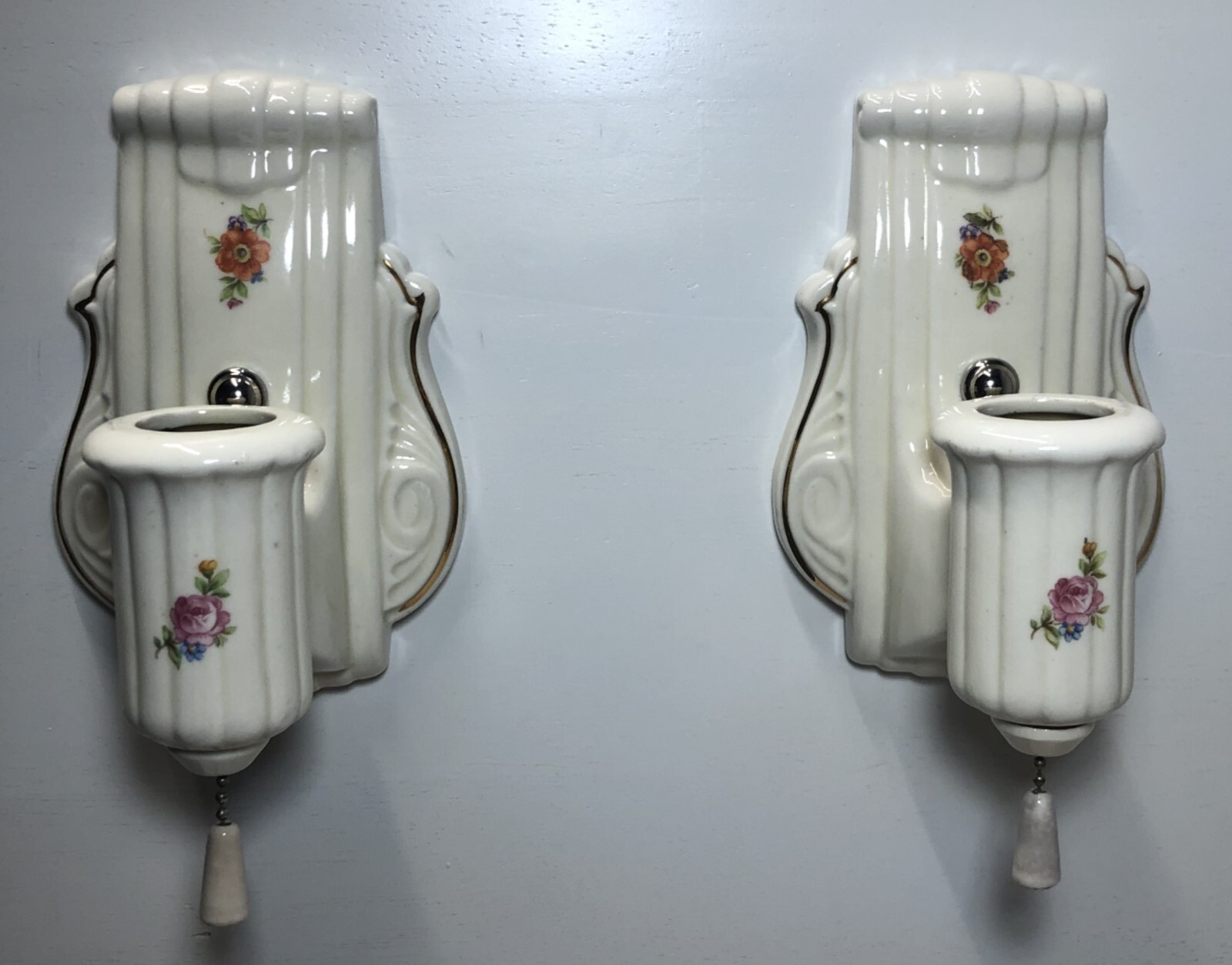 Porcelain Wall Sconce Pair Vtg Ceramic Light Fixture Flower Gold Art USA #i29