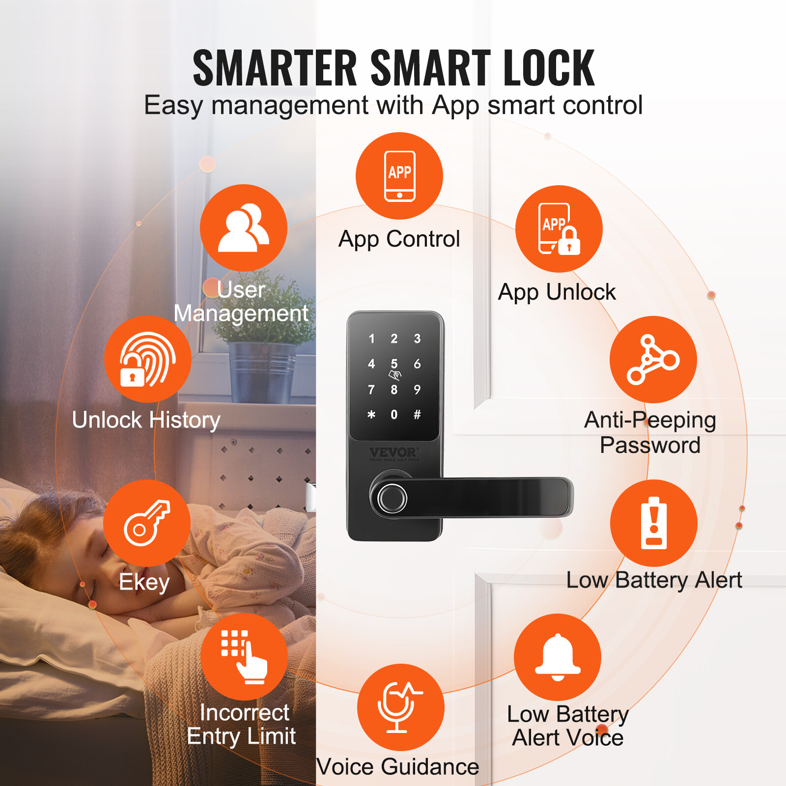 VEVOR Smart Lock 5-in-1 Fingerprint Smart Door Knob with App Control Bluetooth