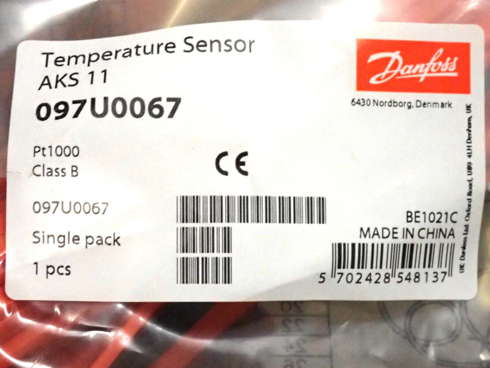 AKS 11 PT1000 DANFOSS TEMPERATURE SENSOR 097U0067 NEW