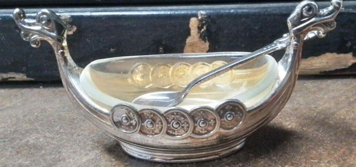 Theodore Olsen Norway Gilt Sterling Silver Viking Salt Cellar w/ Spoon