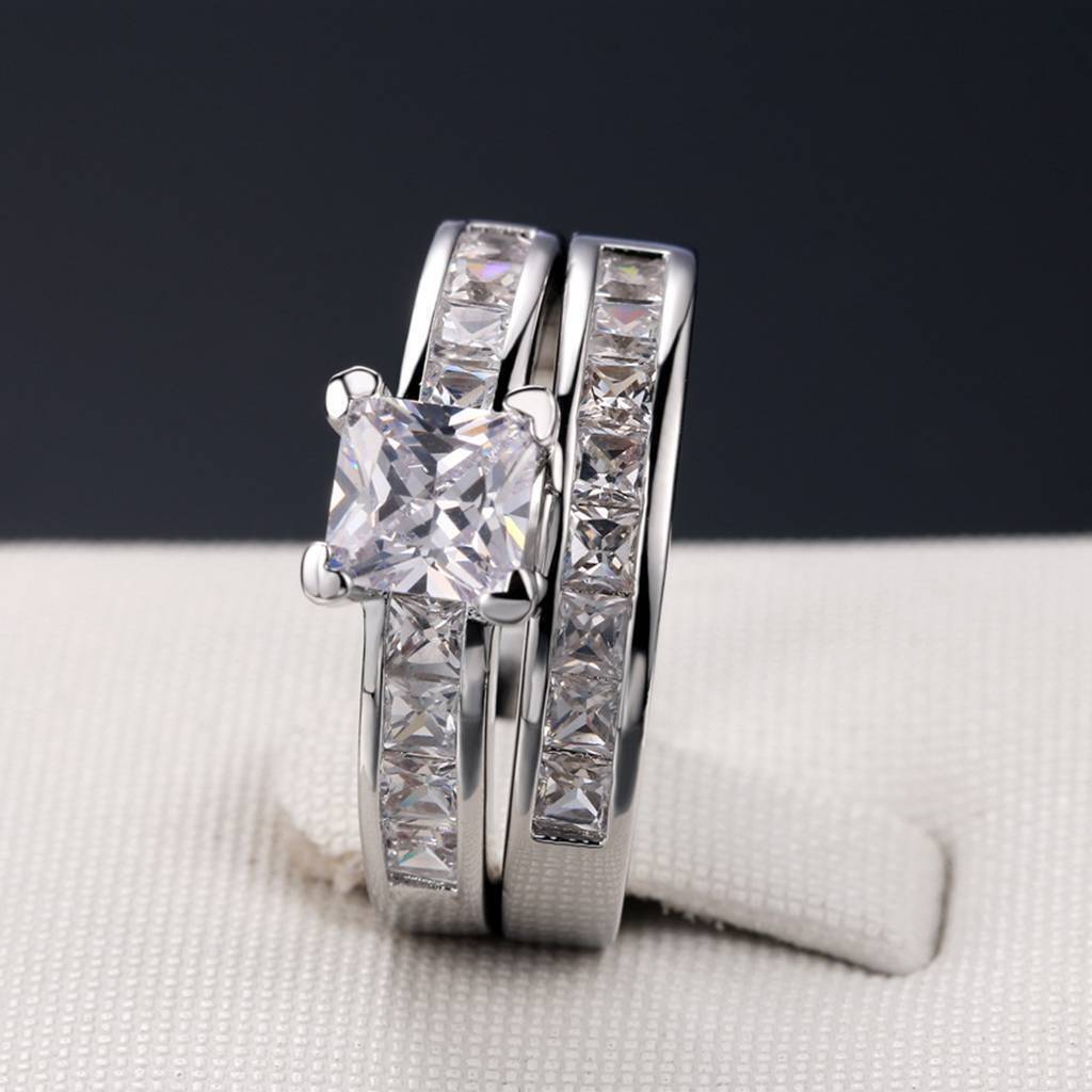 Princess Round Cut AAA CZ Stainless Steel Wedding Band Ring Set Women Size 6-10