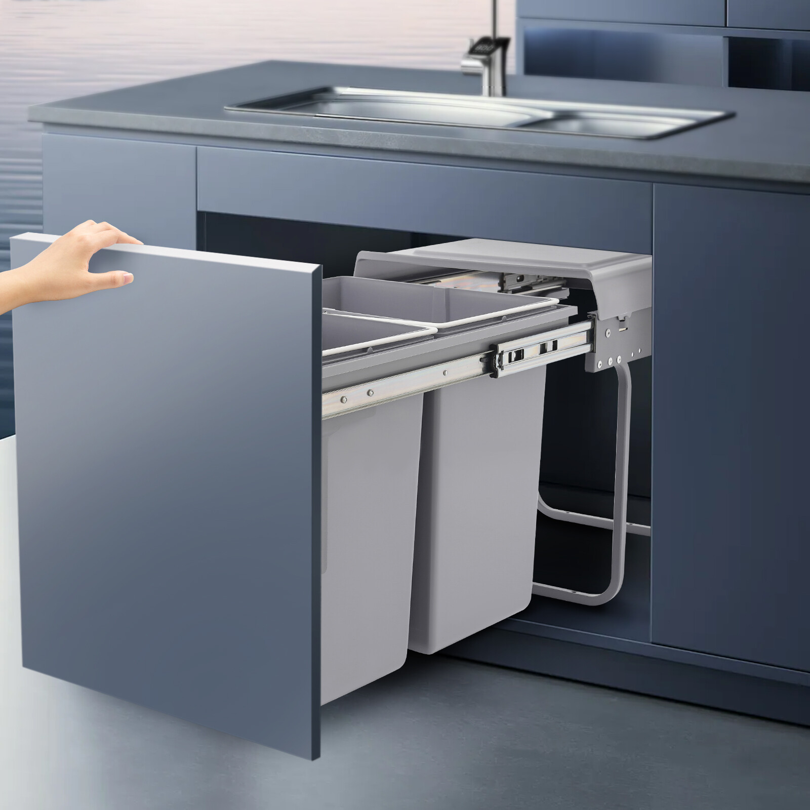 4.4Gal Under Cabinet Dual Pull-Out Trash Can Kitchen 20L Sliding Waste Bin Grey