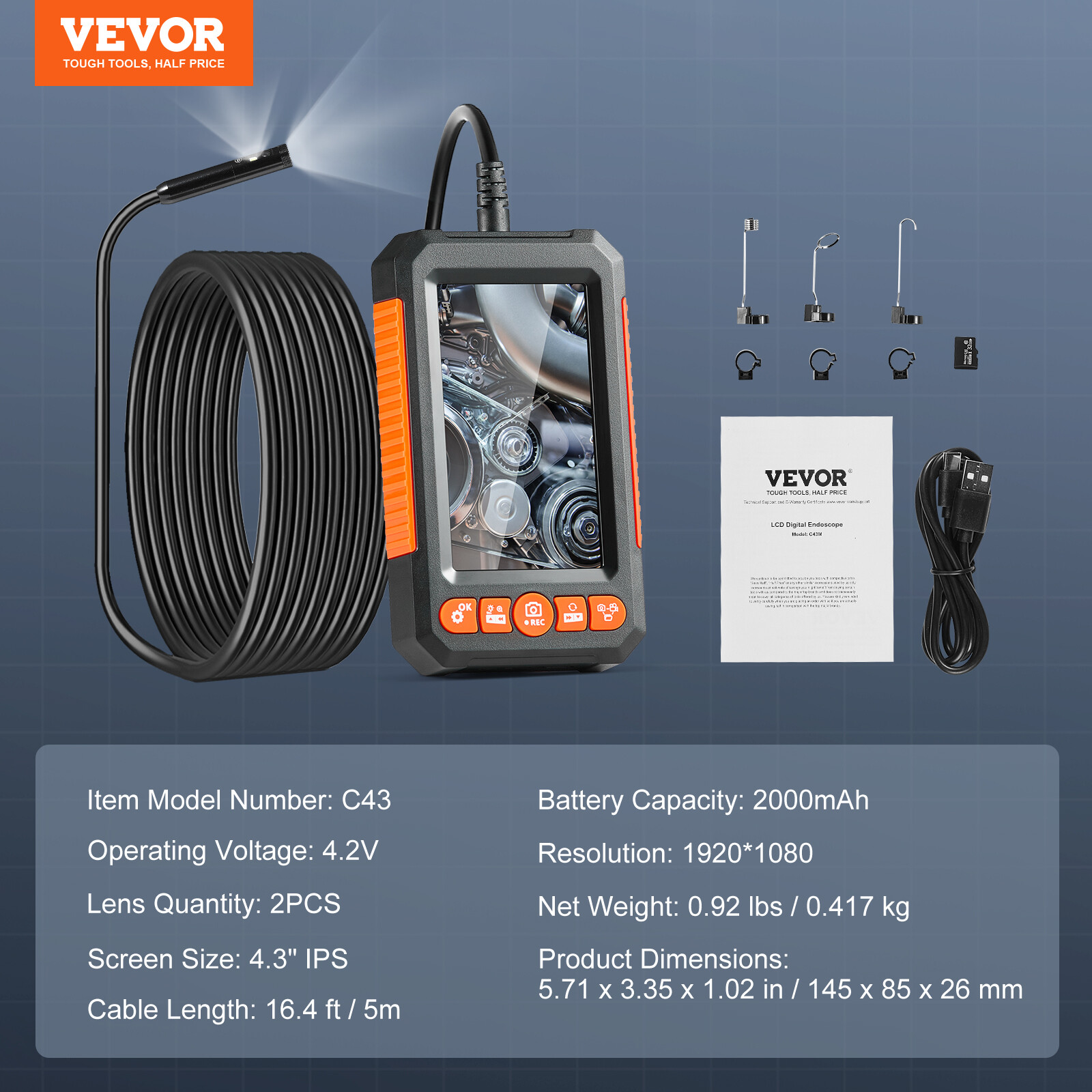 VEVOR Endoscope Camera Borescope 16.4FT Cable 4.3" Screen with Lights Dual Len
