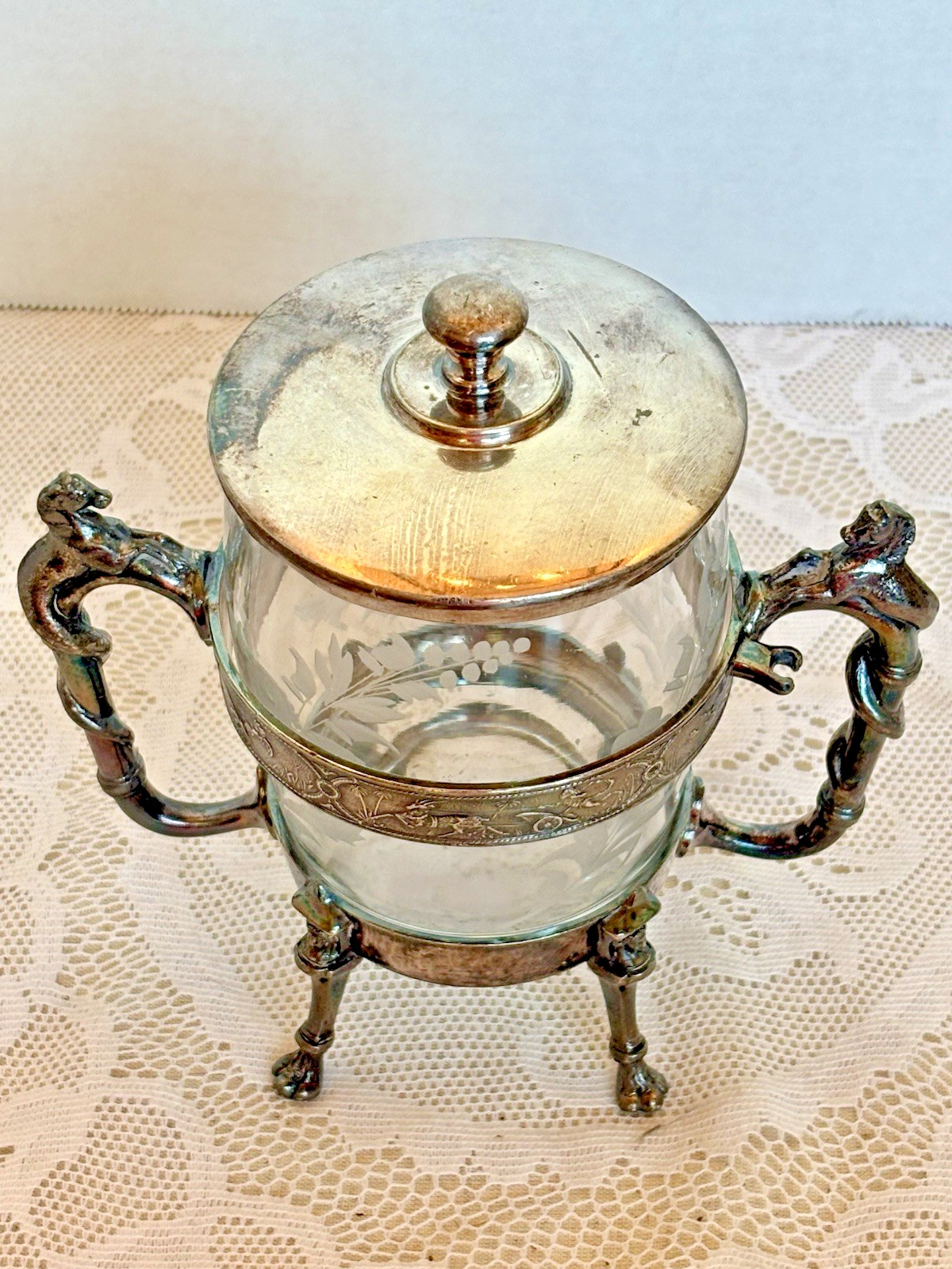 Antique Reed & Barton 980 Victorian Pickle Castor Etched Glass Silverplate