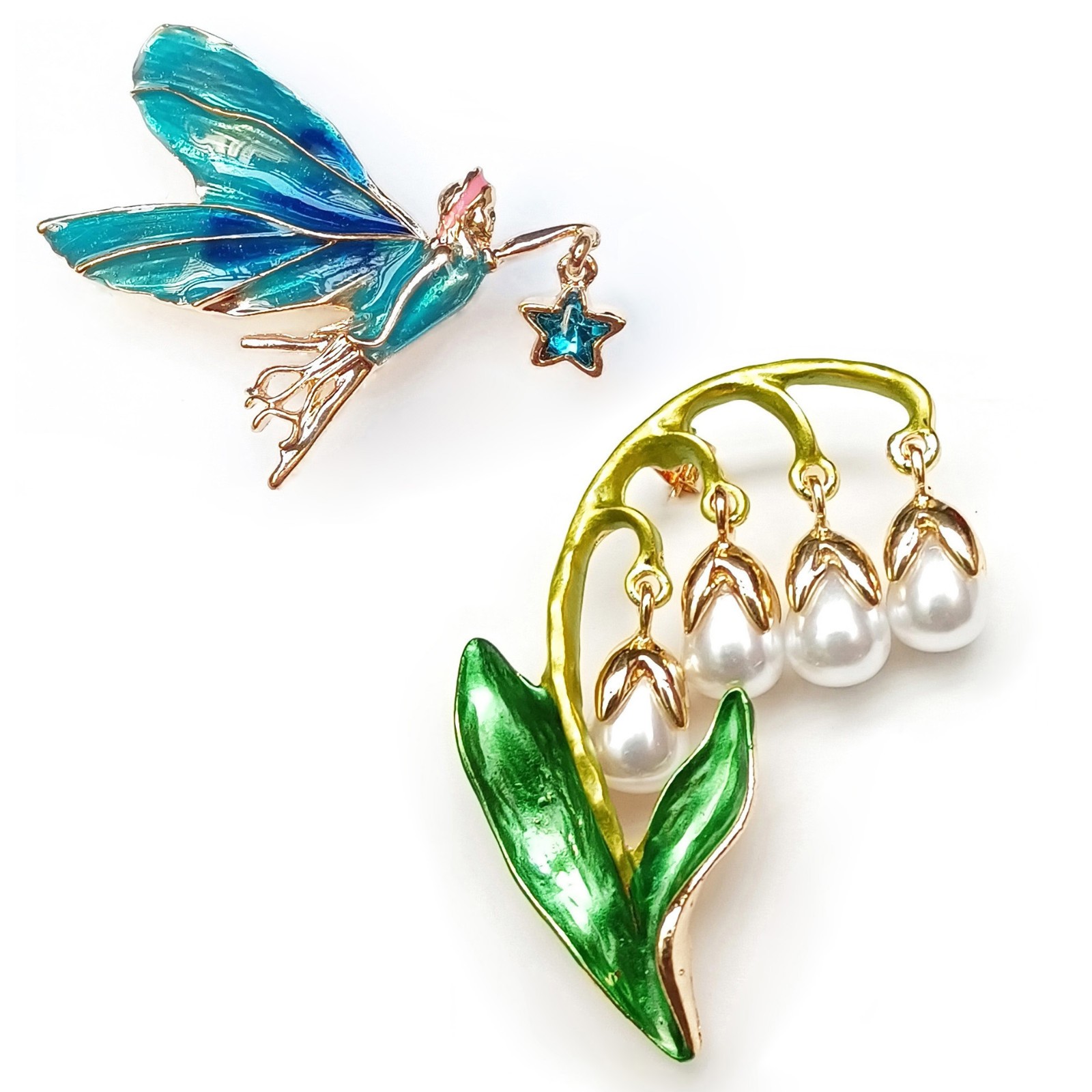 Brooch Green Gold Lily of The Valley Pearl Flower Blue Fairy Angel Fairytale Pin