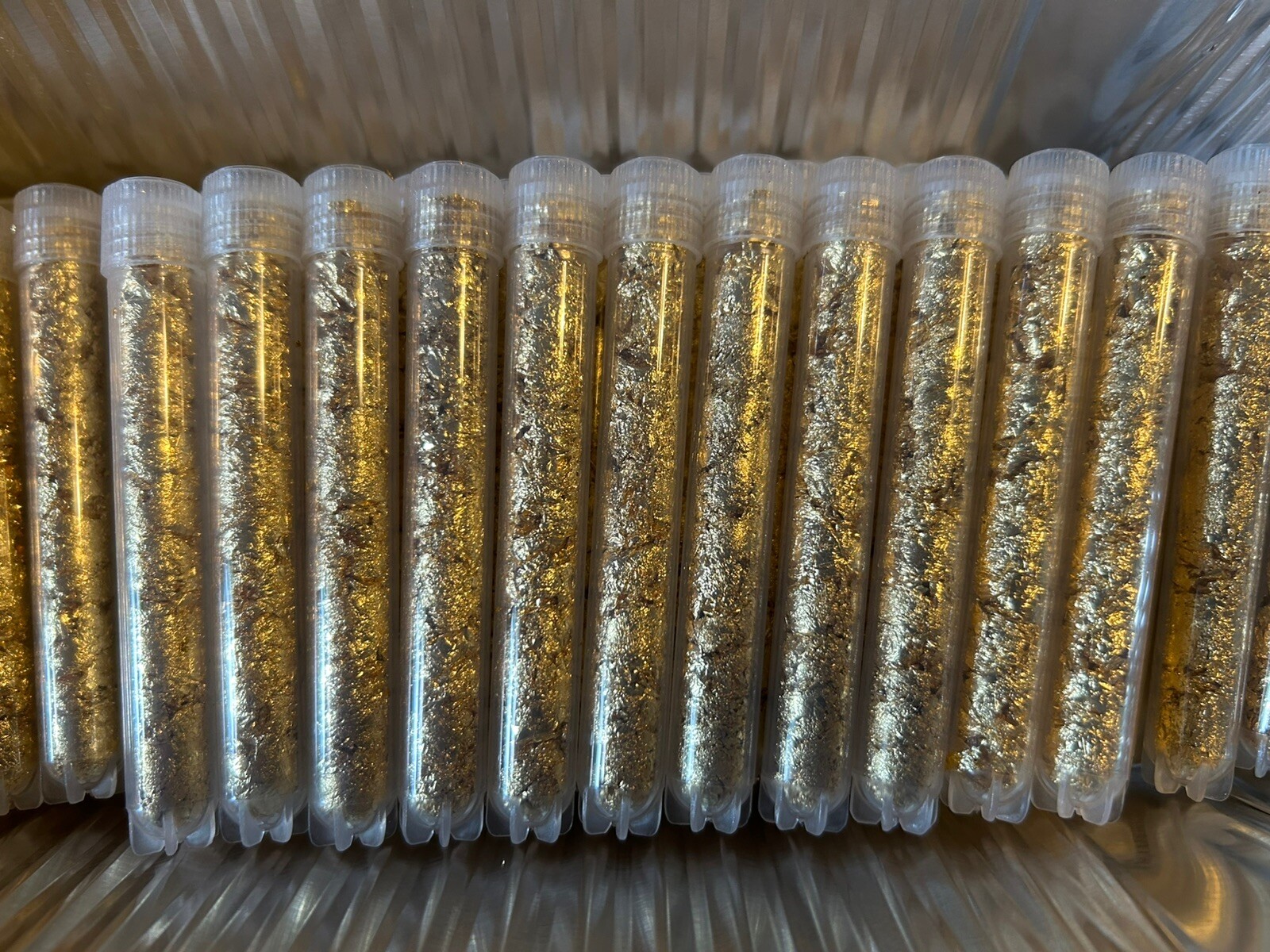 5 Gold Flake Large Vials... 5mil. 3.5” Stand able Test Tubes. BEST DEAL !!