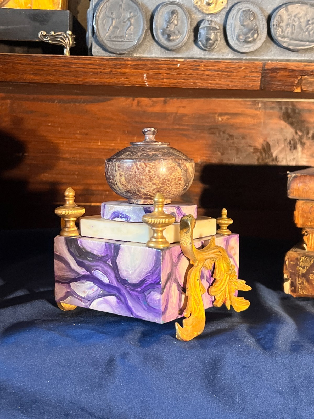 Napoleon III Style French Inkwell With Gilt Bronze Appliques and Marble Basin