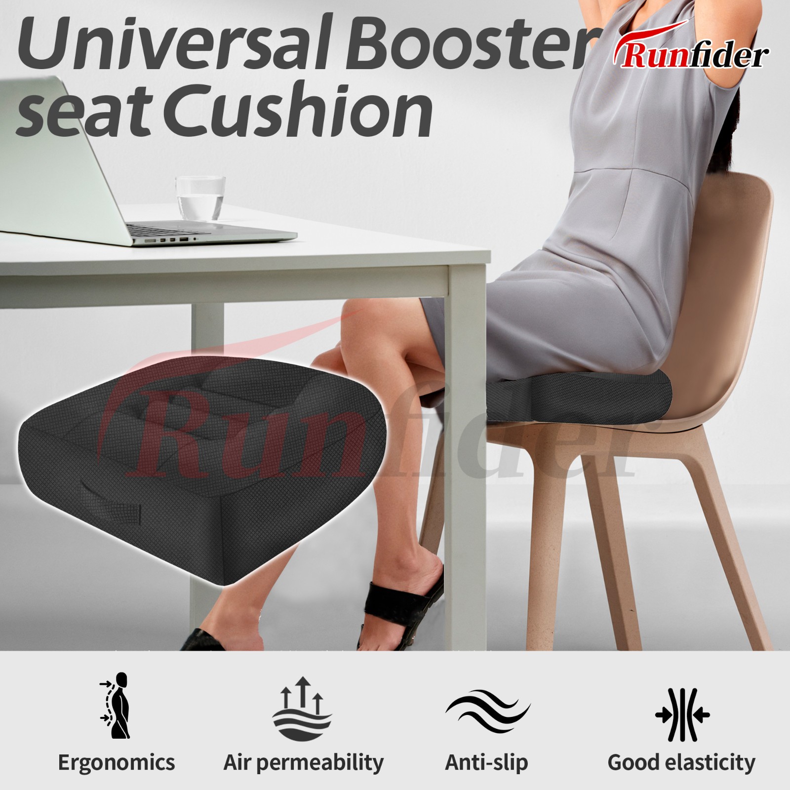 Black Ergonomic Seat Cushion 15.7x15.7x4.7in – Breathable Mesh for Car/Office