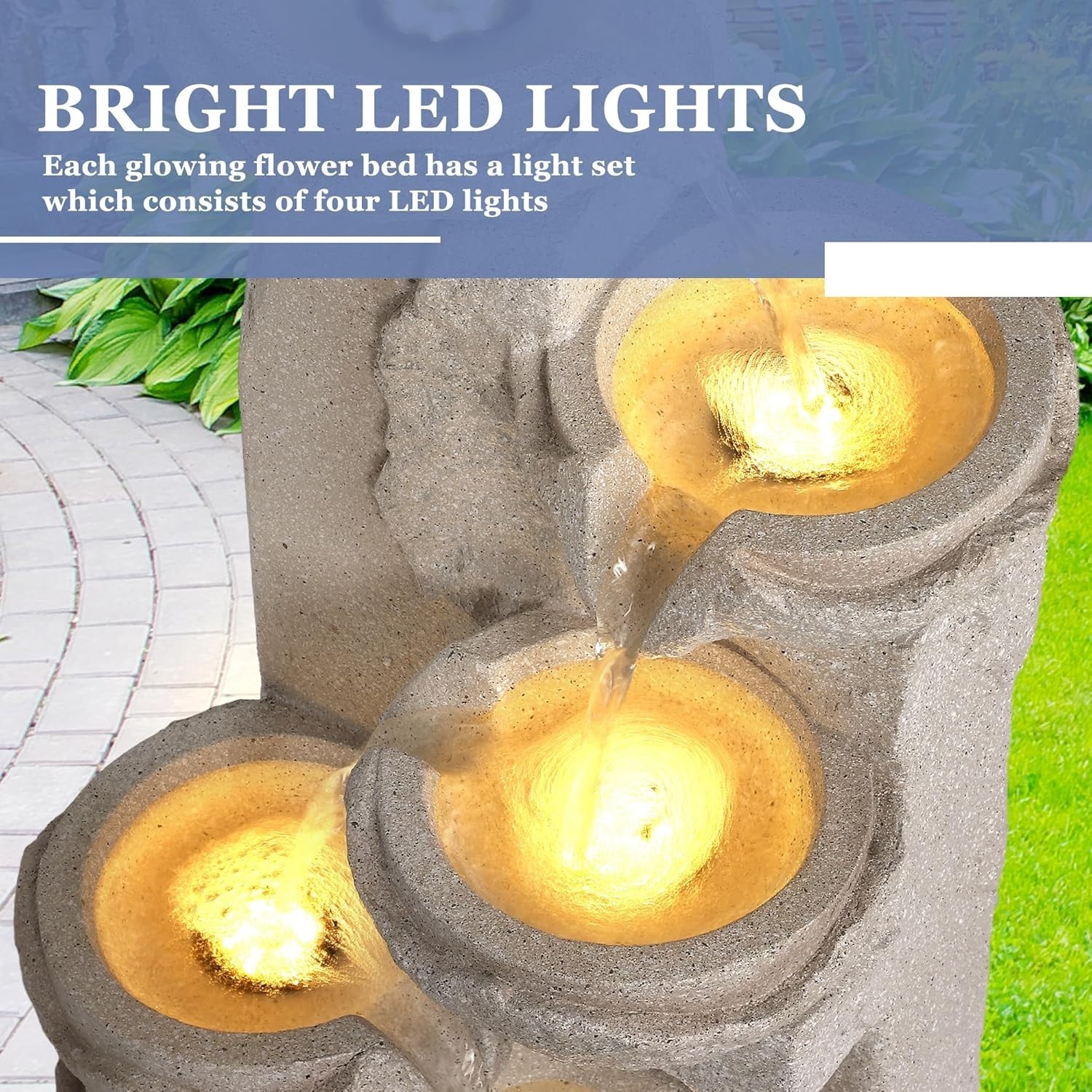 Outdoor 5-Tiers Cascading Rock Water Fountain, Waterfall Fountain with 5 LED