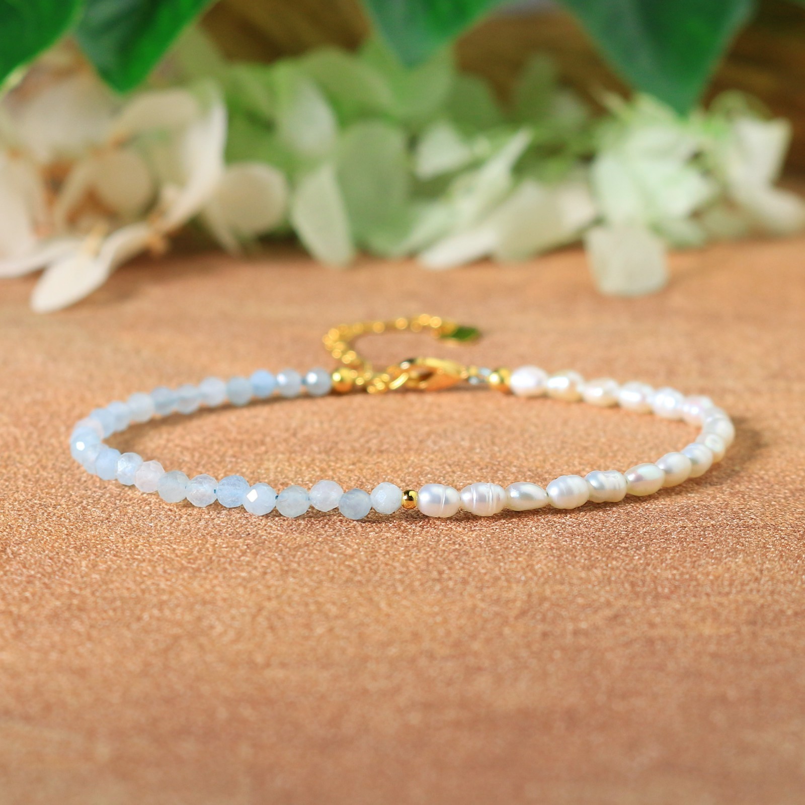 Natural Aquamarine & Pearls Tiny Beads Dainty Minimalist Healing Reiki Bracelet