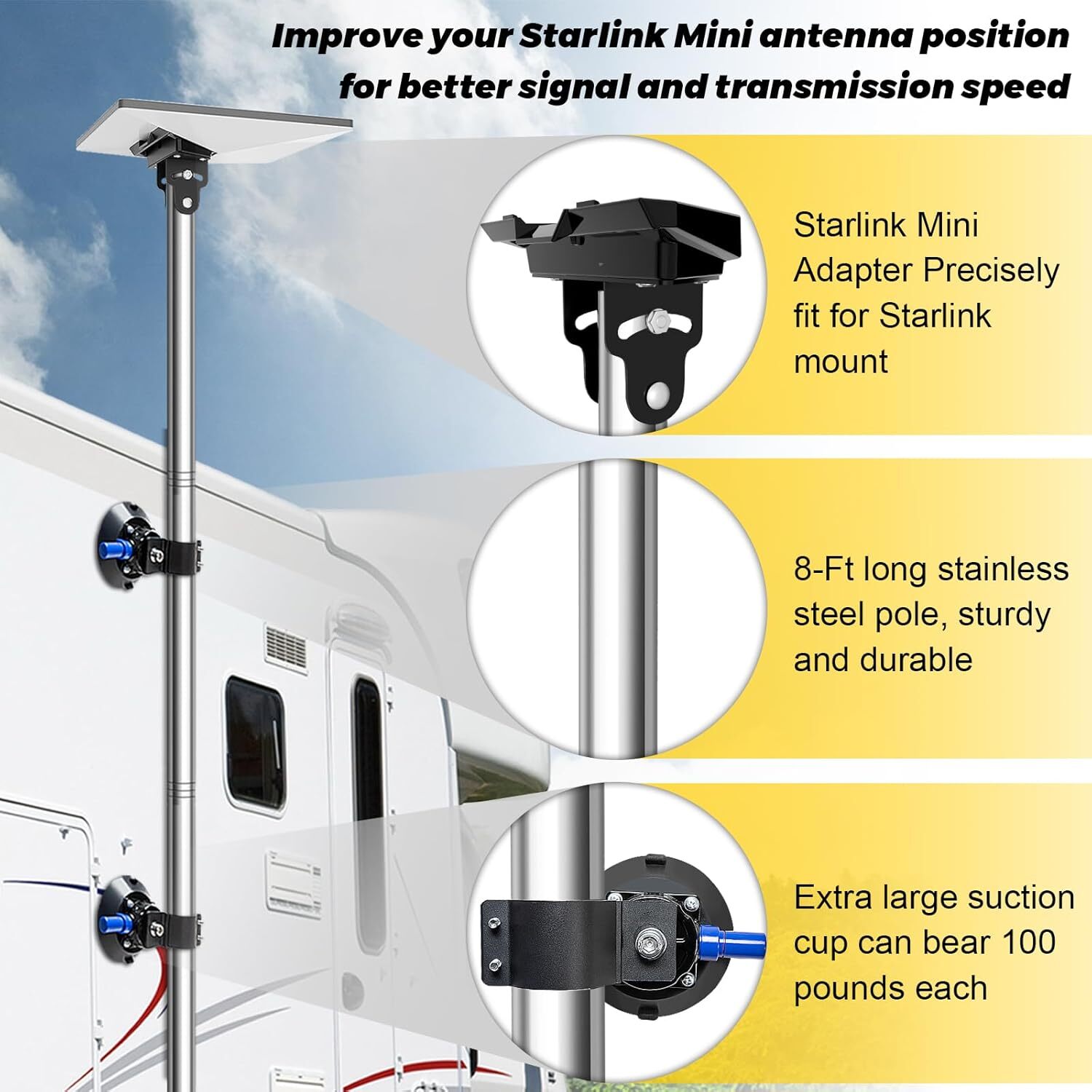 Starlink Mini Pole Mount, 8 Ft Starlink Mimi Mounting Kit with 4.5" Suction Feet