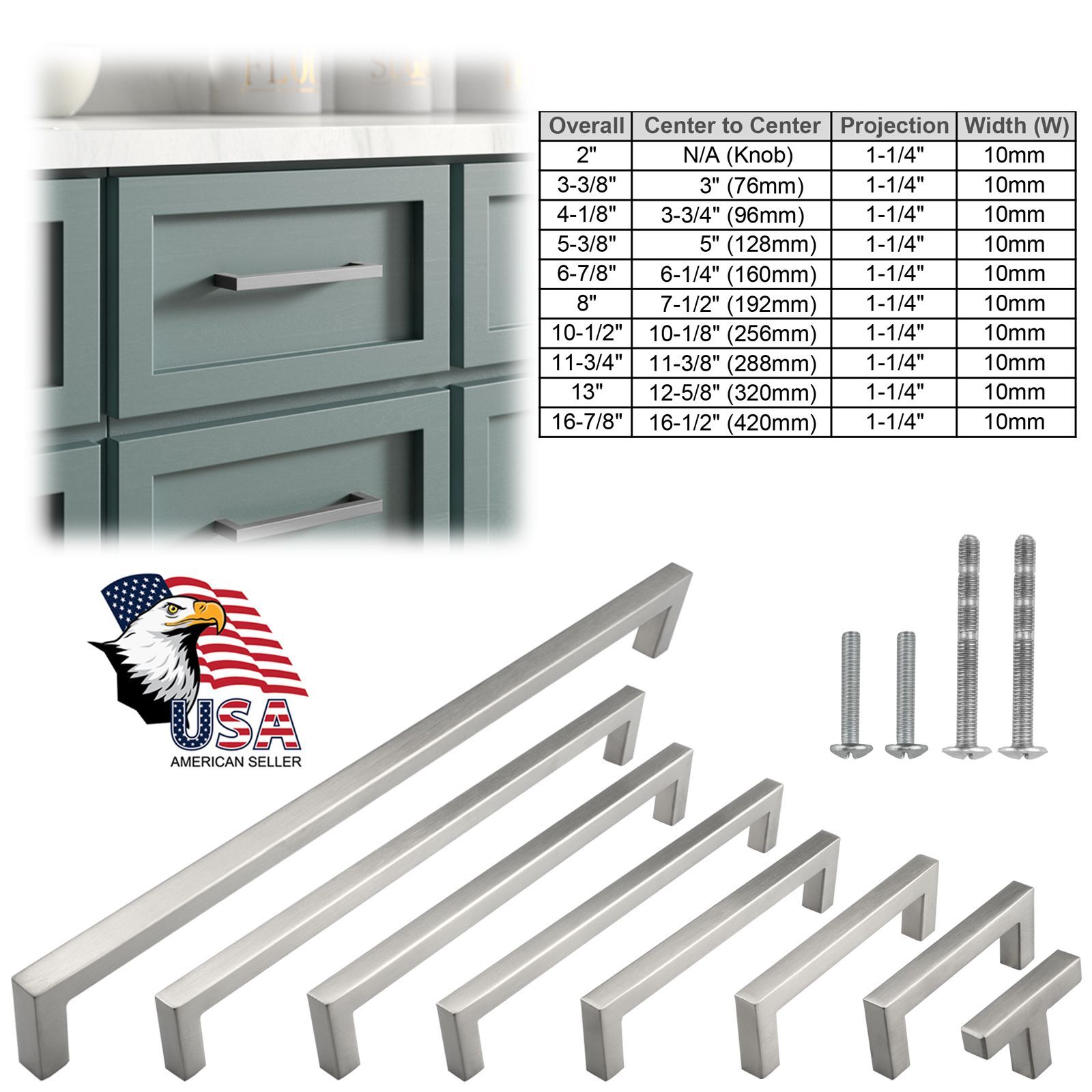 Brushed Nickel Square Kitchen Cabinet Drawer Handles Bar Pulls Stainless Steel