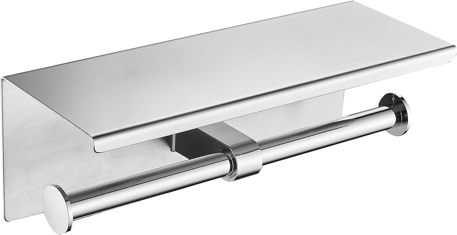 Wall Mounted Toilet Paper Holder with Phone Shelf Bathroom Double Roll Holder US