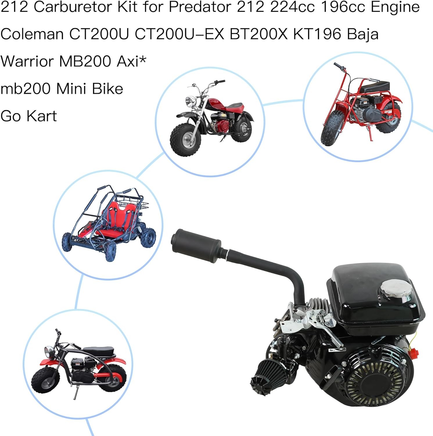 Black VM22 Carburetor Exhaust Muffler Kit For Predator 212cc CT200U Mini Bike