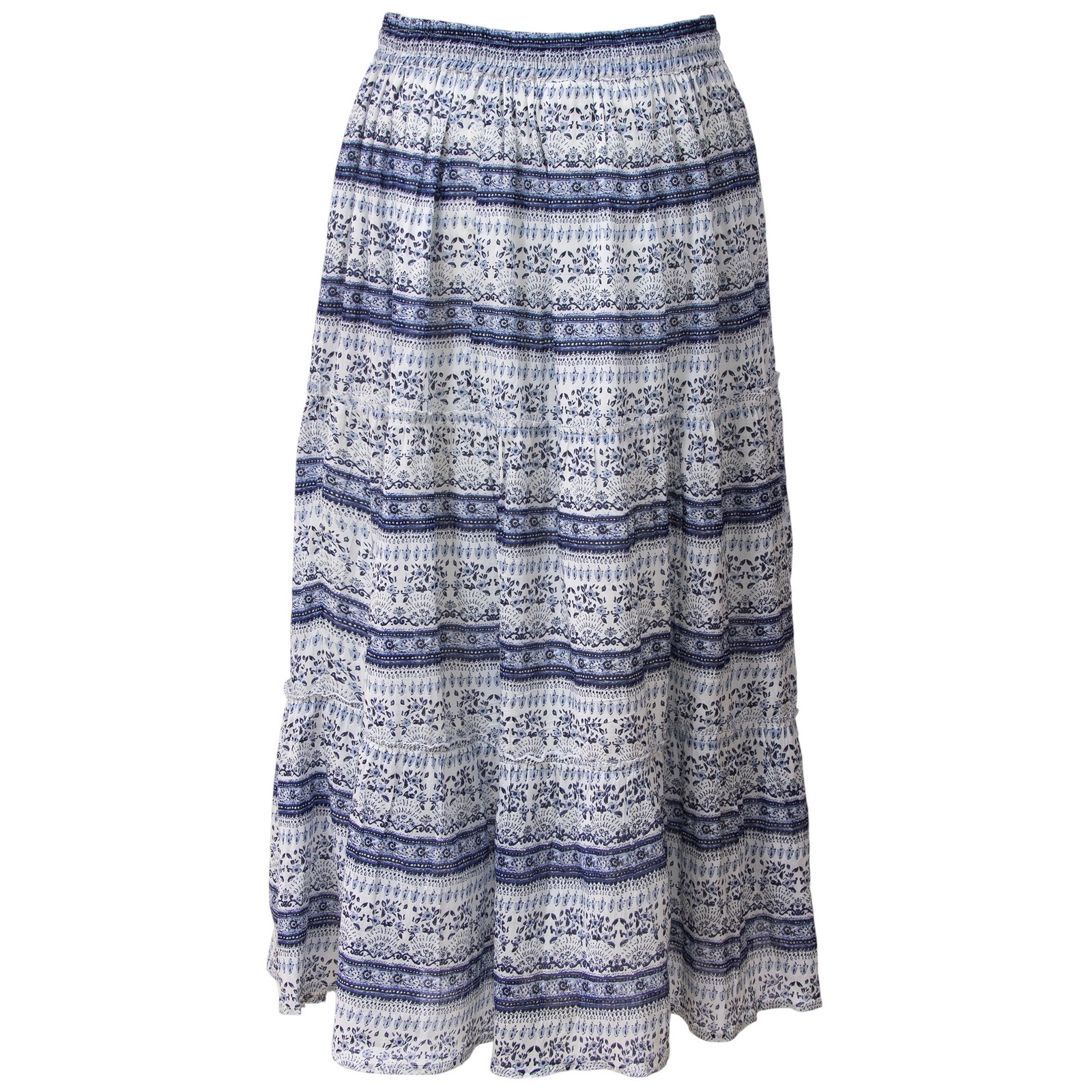 Gold Coast Boho Inspired Women's Maxi Skirt in Blue & White Floral, XL