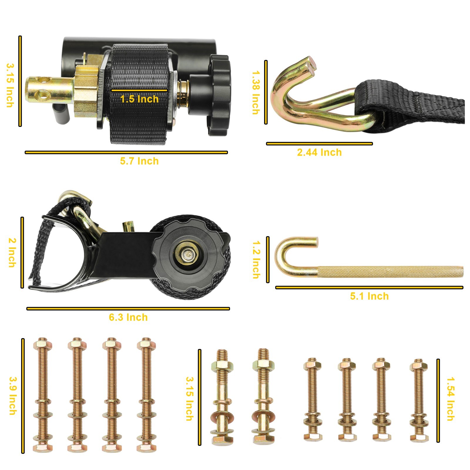 4x Ladder Rack Ratchet Straps w/ J-Hook 1.5"x7.5' Black Retractable Ratchet Tie